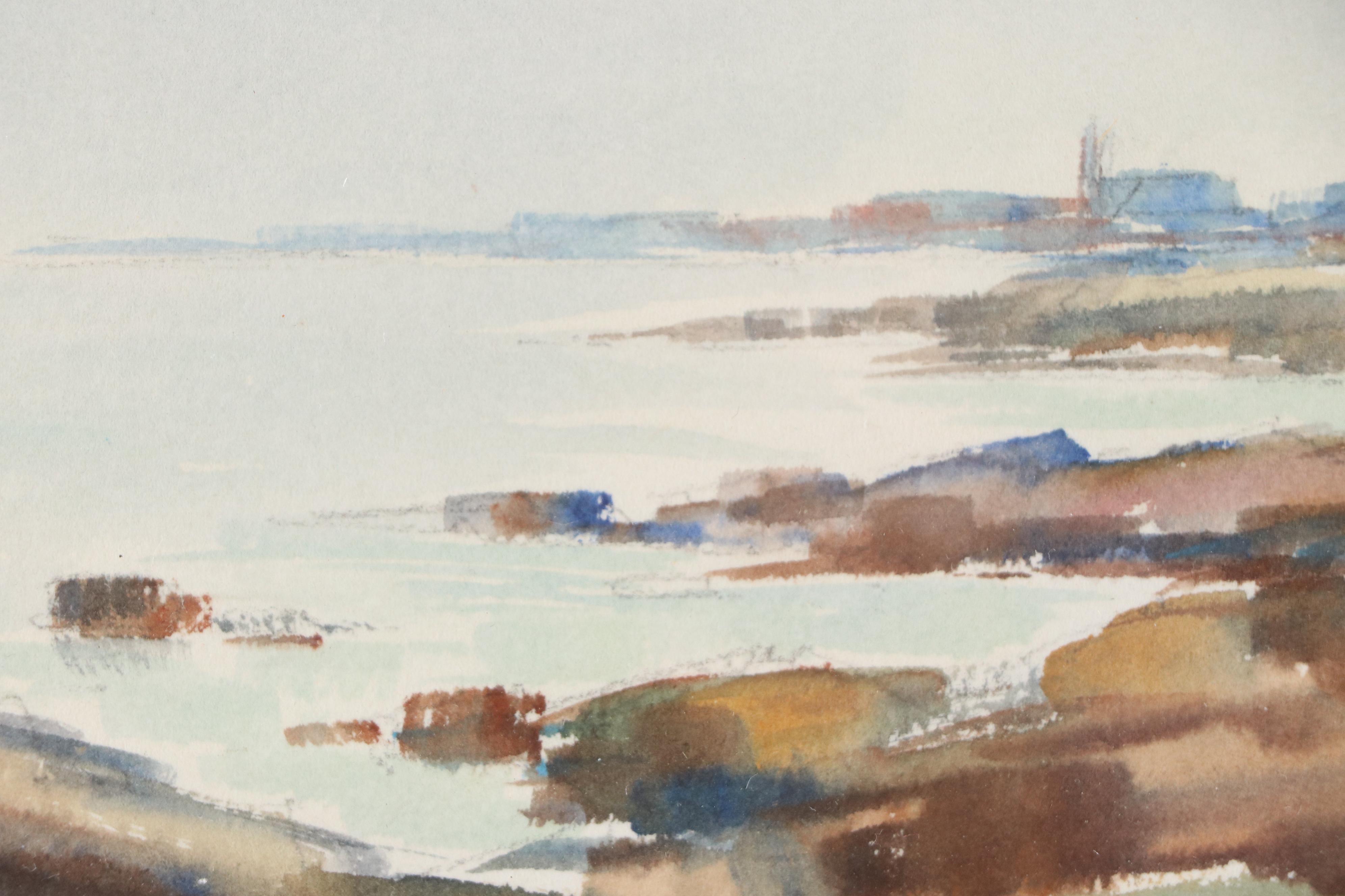 Jacques Francki Coastal Watercolor Painting of Rocky Shoreline, 1972