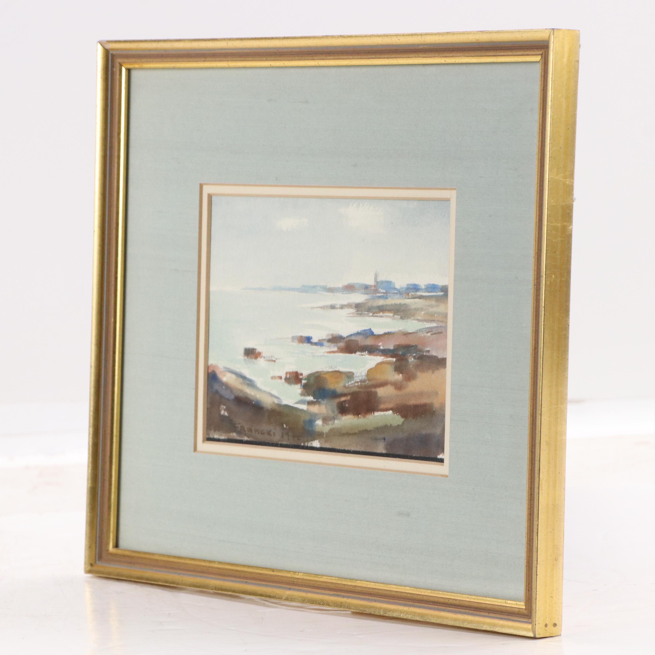 Jacques Francki Coastal Watercolor Painting of Rocky Shoreline, 1972