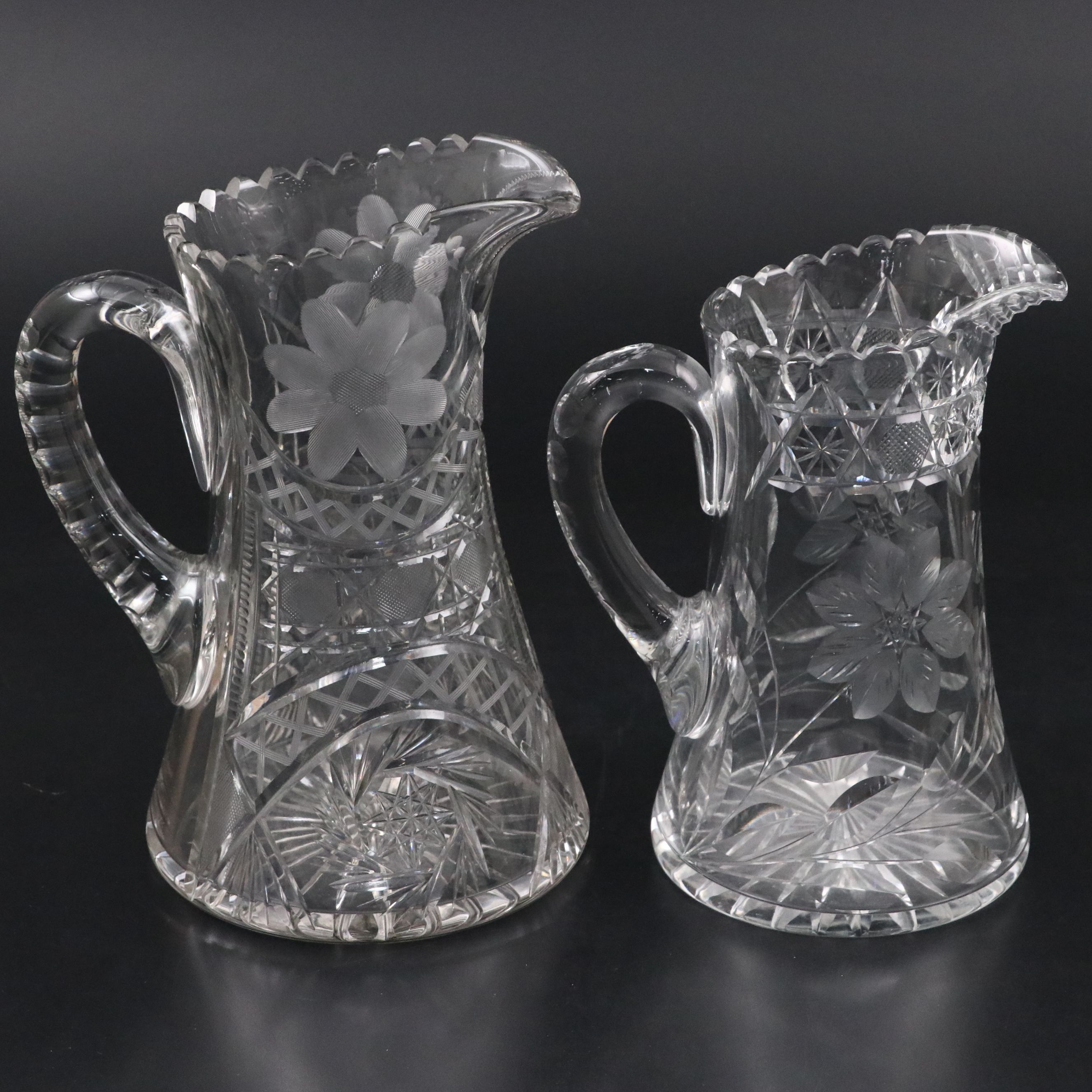 Pair of American Brilliant Cut Pitchers with Sawtooth Rims, 20th Century
