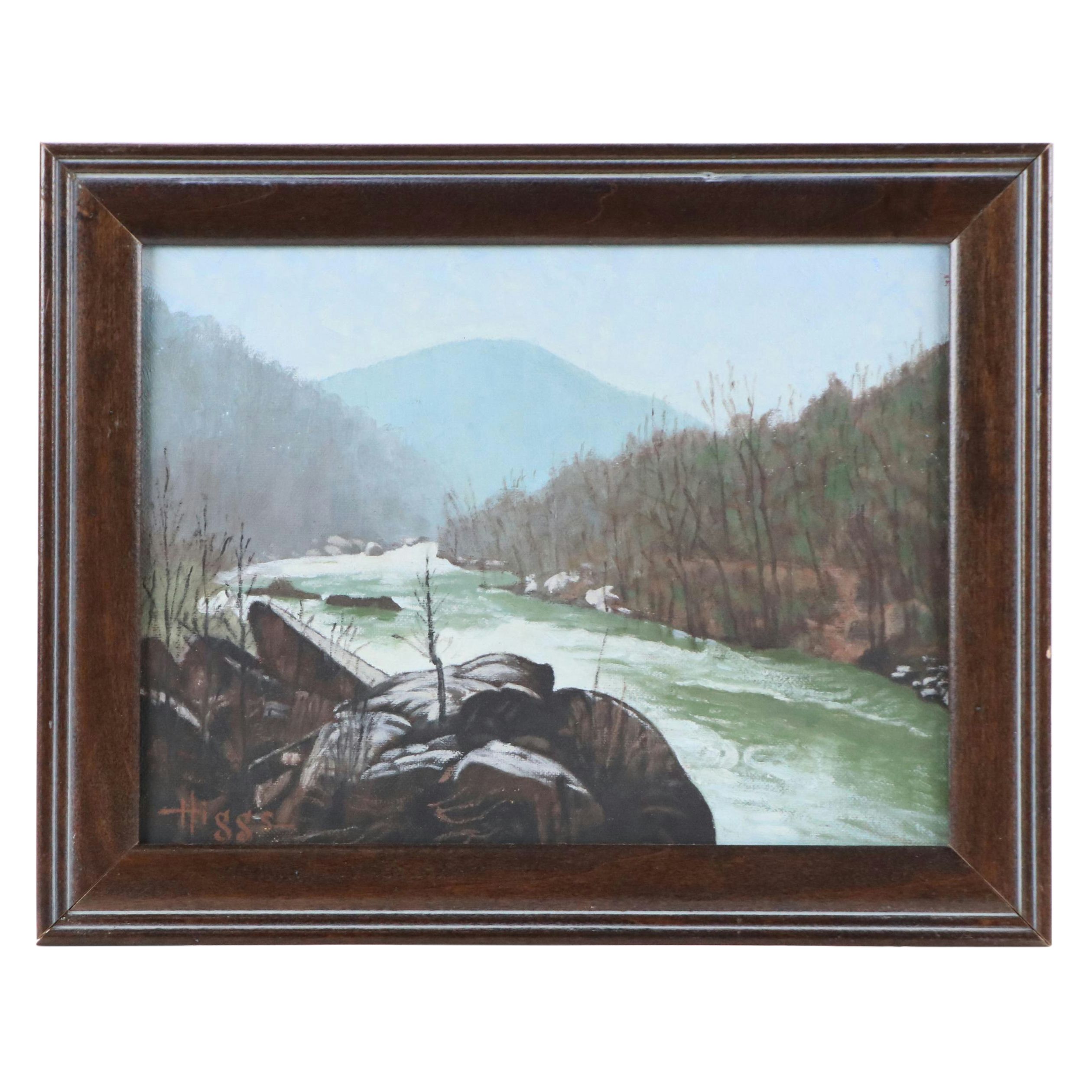 Higgs Mountain River Landscape in Winter Oil Painting, Late 20th Century