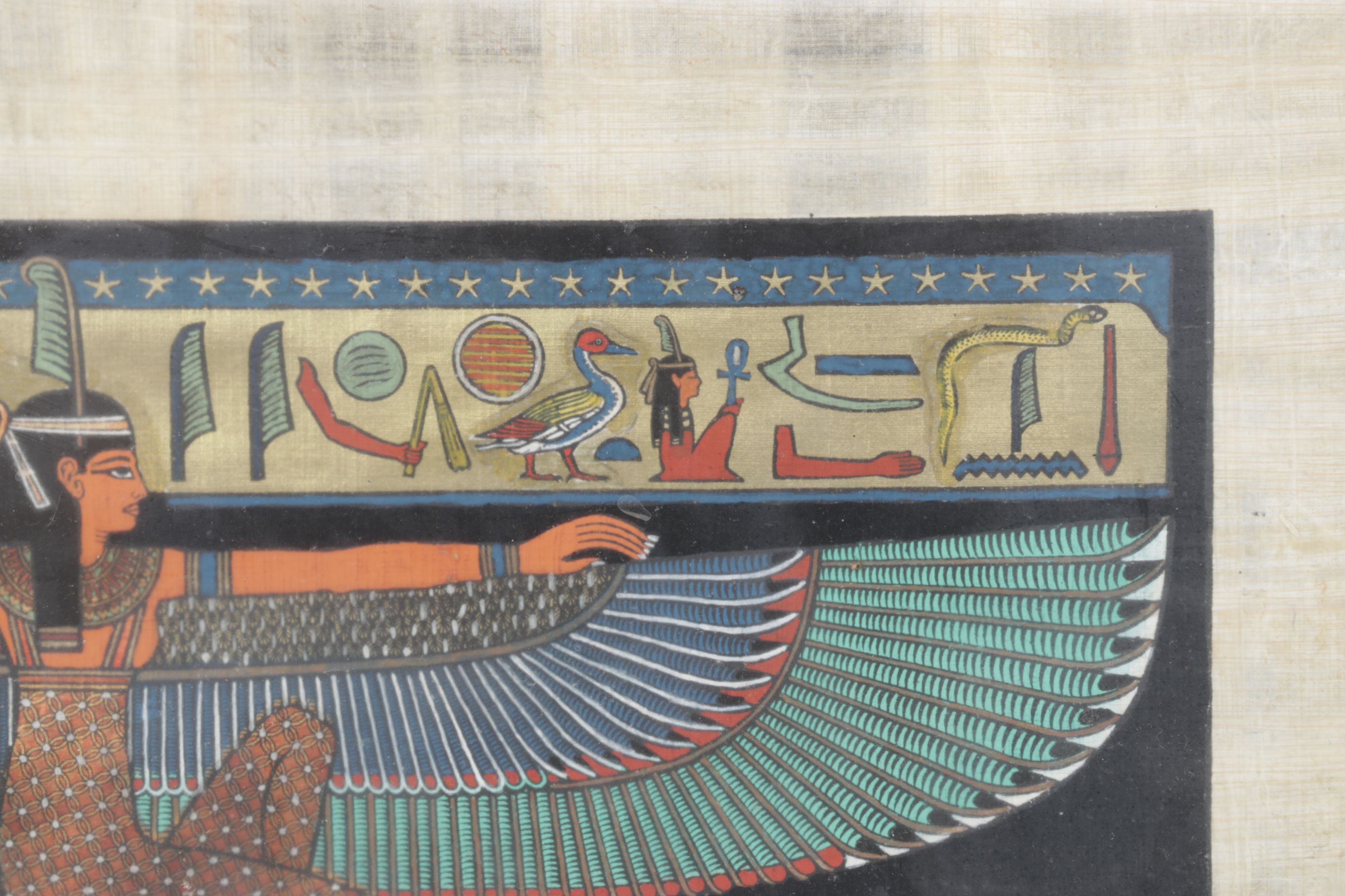 Egyptian Styled Souvenir Gouache Paintings on Papyrus Depicting The Goddess Iris