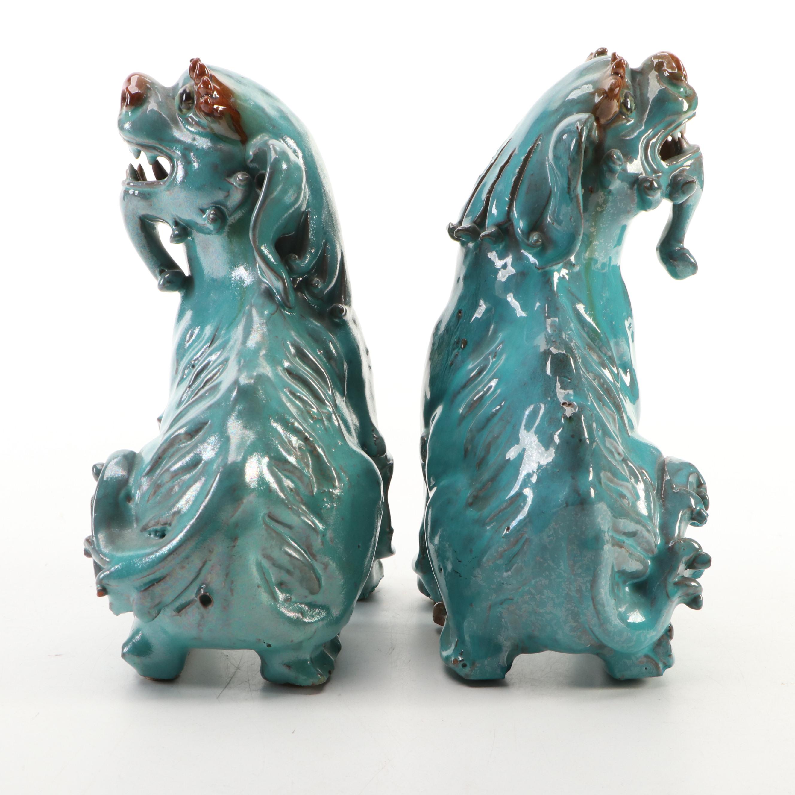 Pair of Chinese Drip Glazed Terracotta Guardian Lion Figures