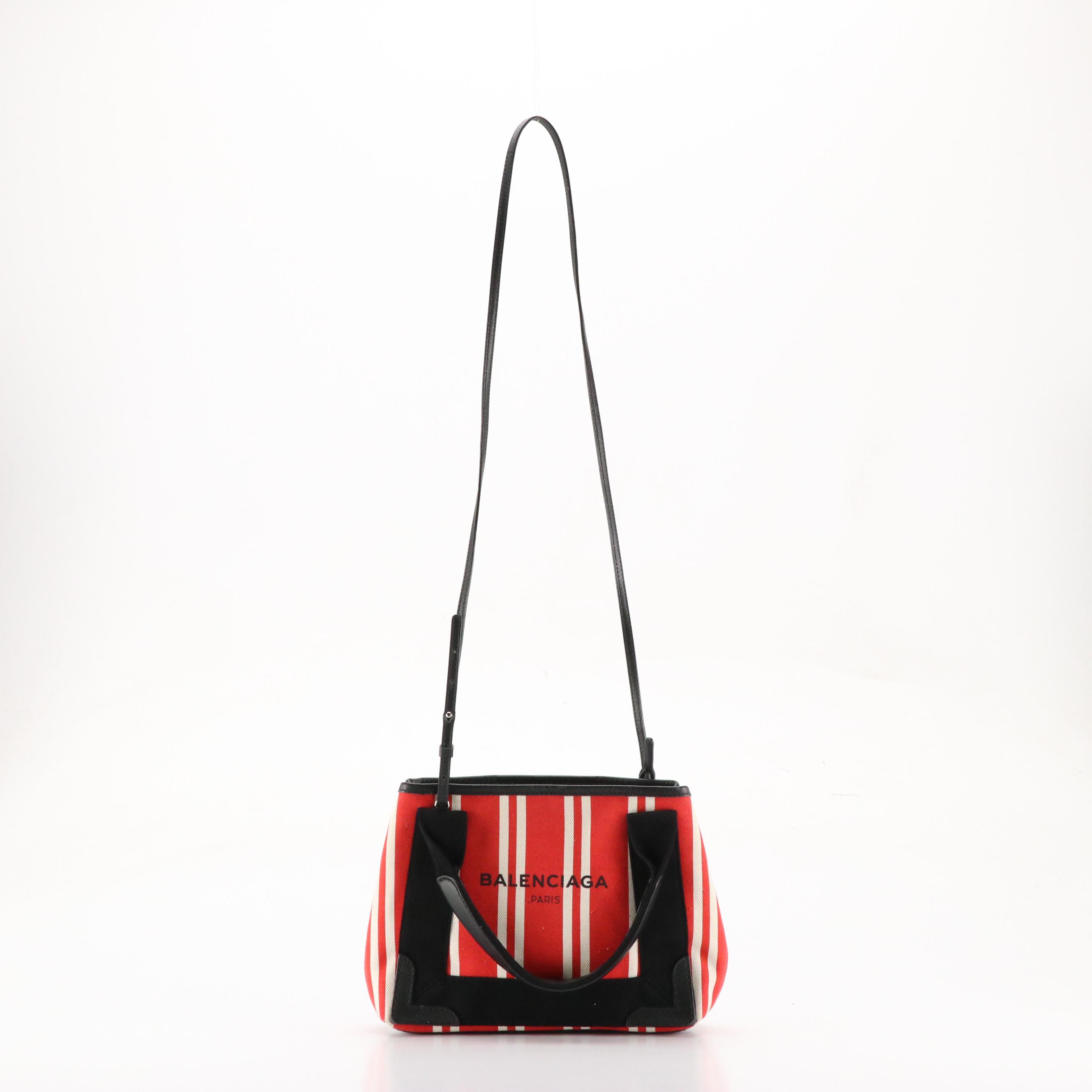 Balenciaga XS Cabas Two-Way Bag in Striped Red Canvas and Black Leather Trim
