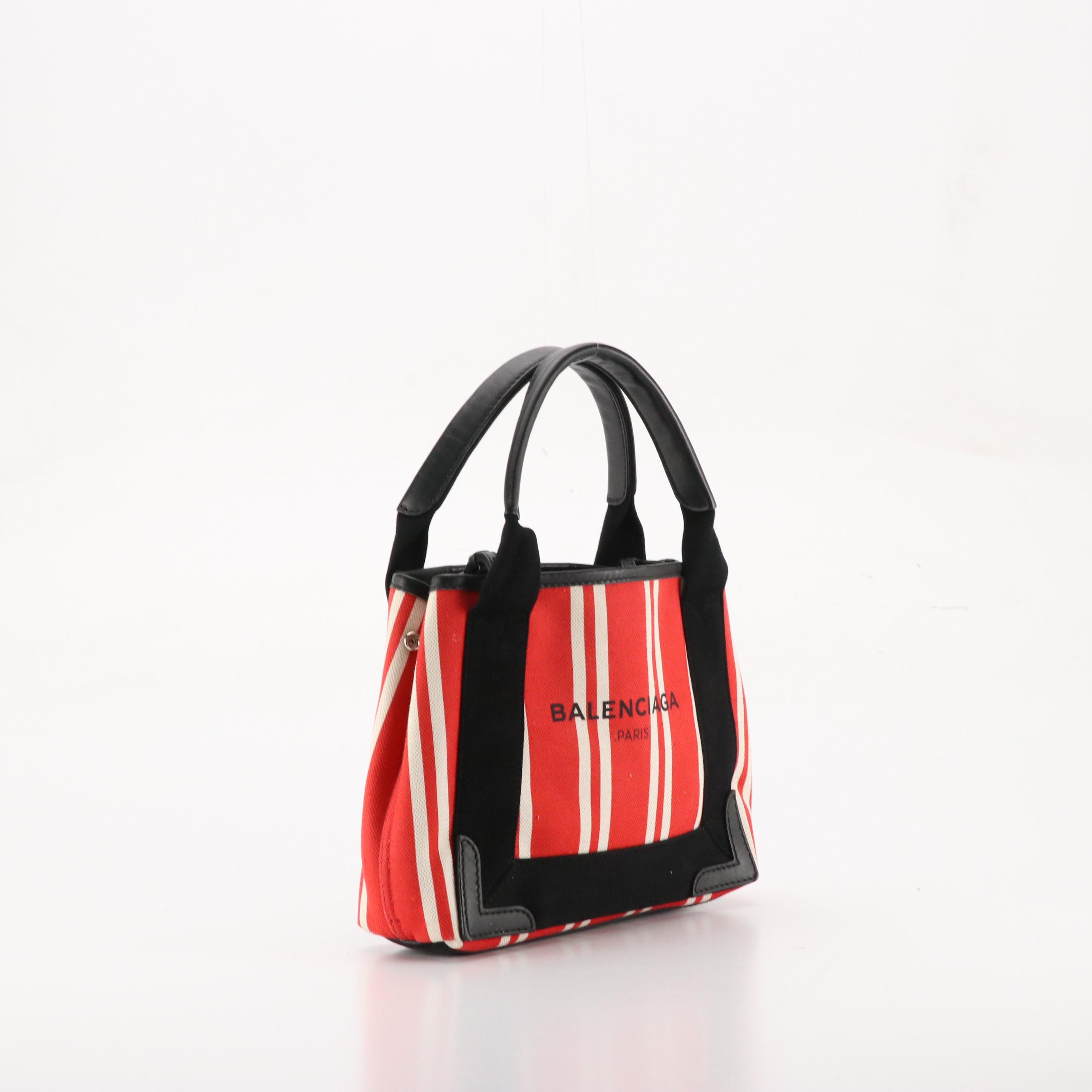 Balenciaga XS Cabas Two-Way Bag in Striped Red Canvas and Black Leather Trim