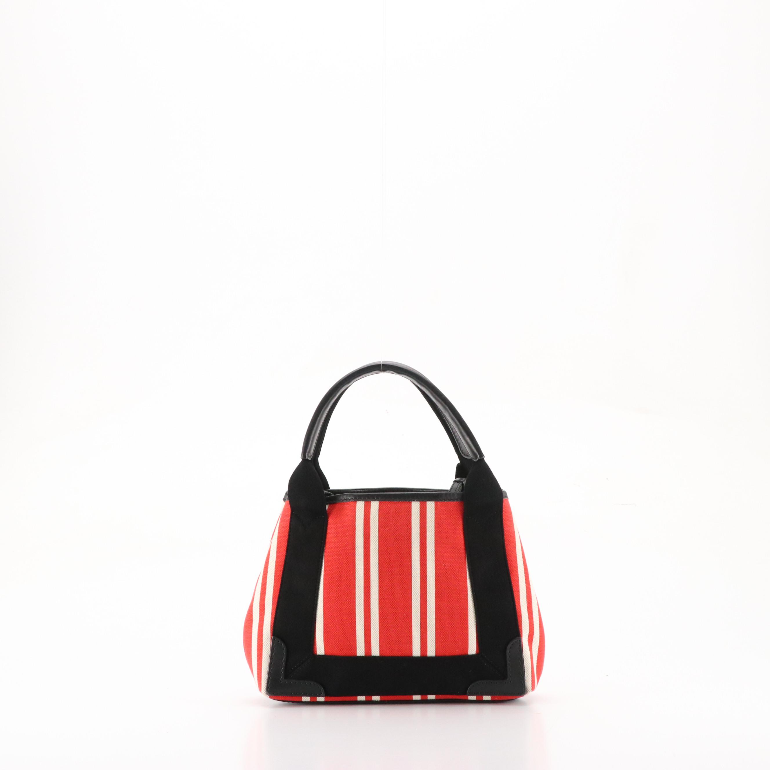 Balenciaga XS Cabas Two-Way Bag in Striped Red Canvas and Black Leather Trim