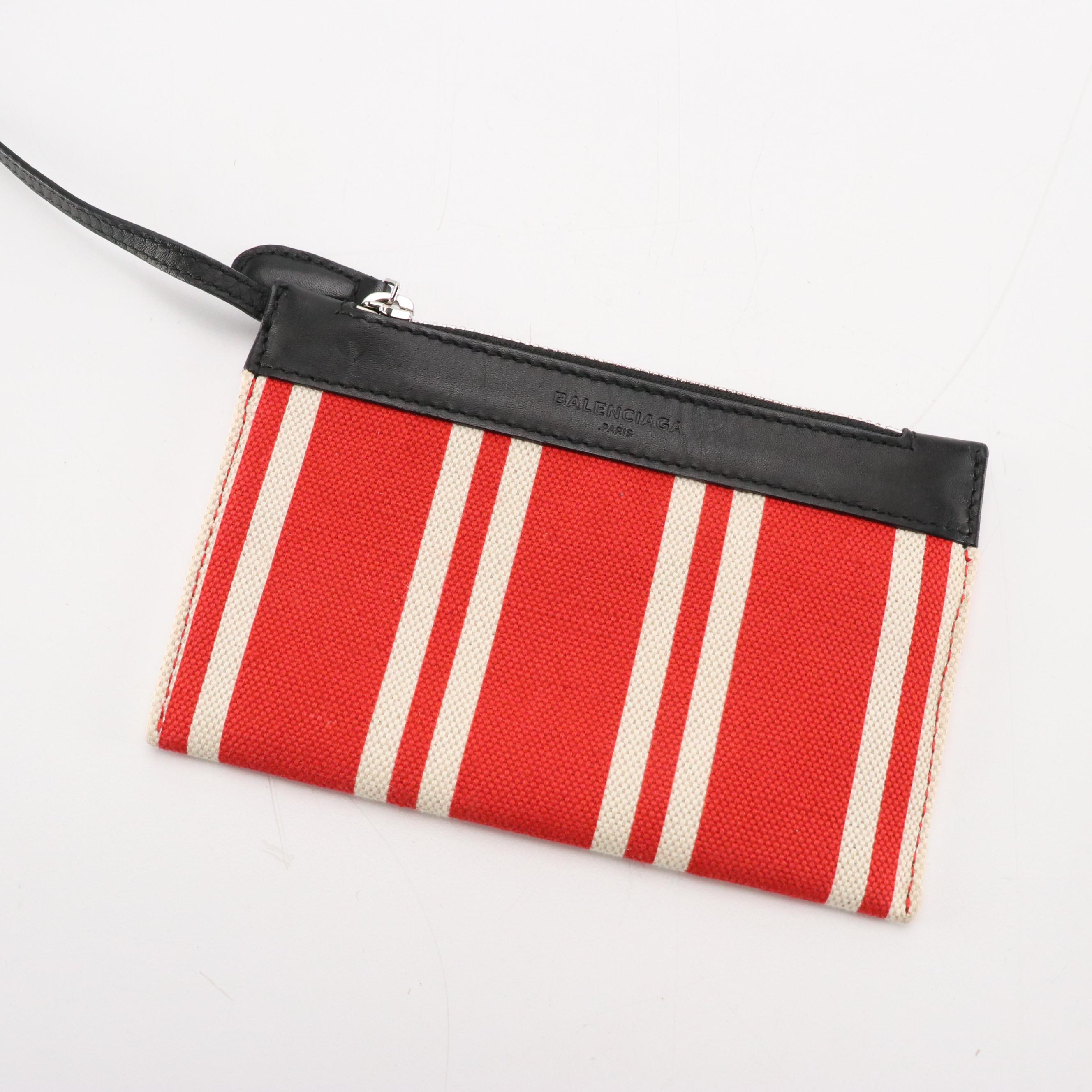 Balenciaga XS Cabas Two-Way Bag in Striped Red Canvas and Black Leather Trim