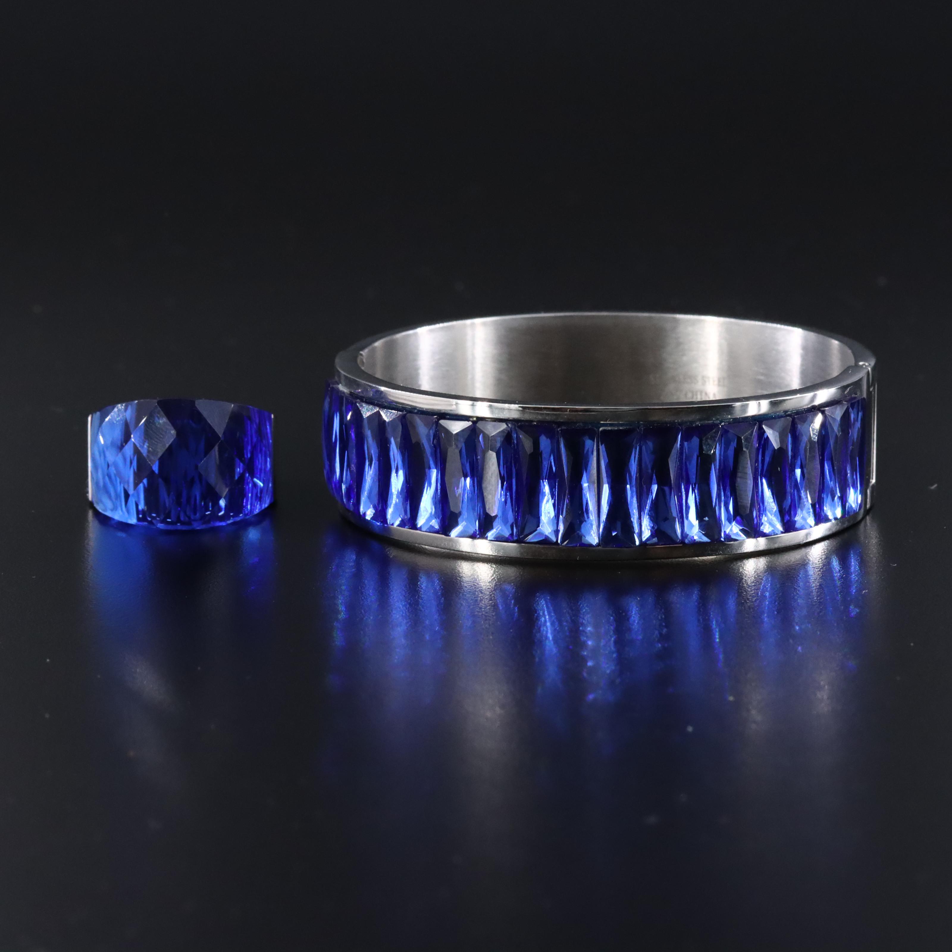 Rhinestone Hinged Bangle Bracelet and Ring