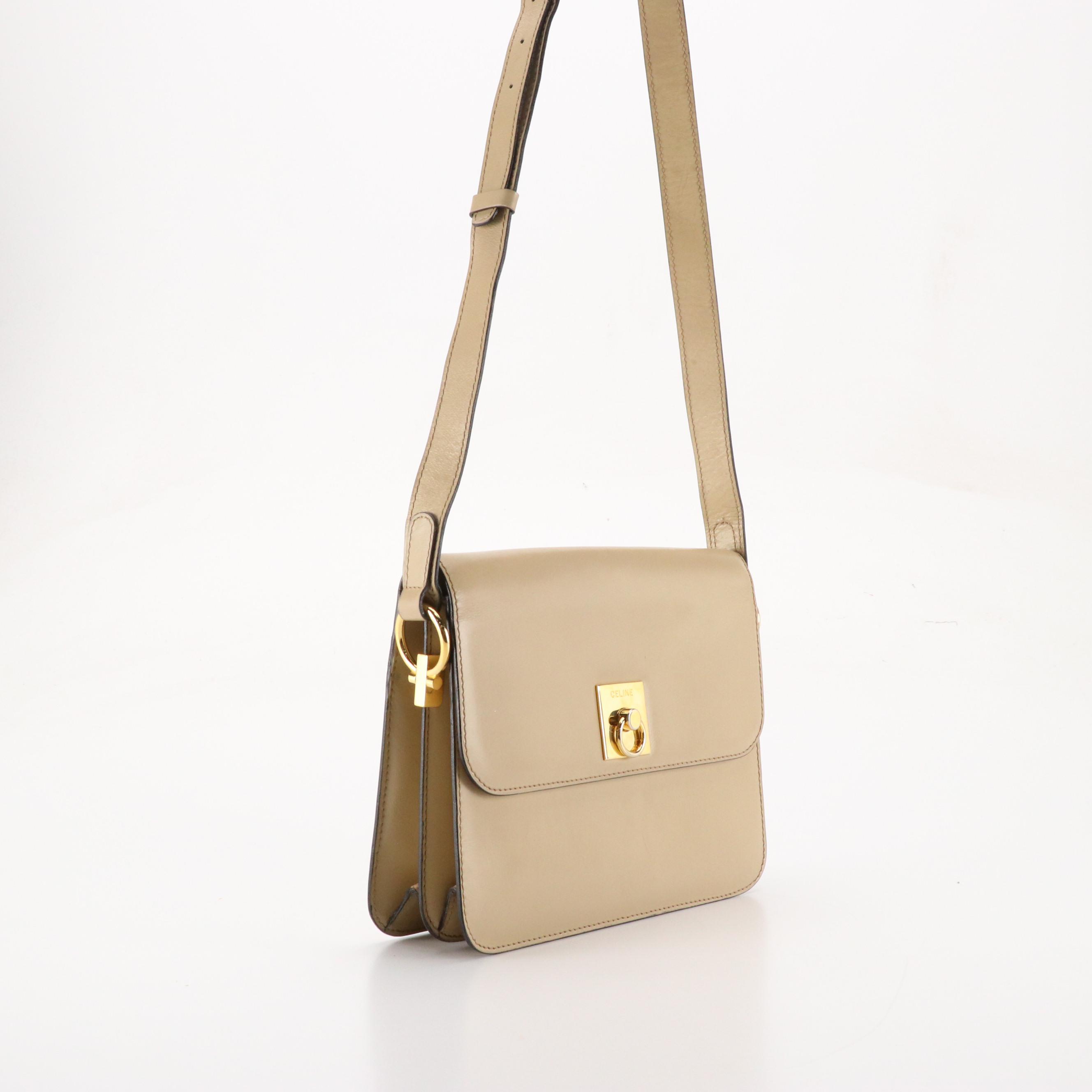 Celine Crossbody Ring Closure Flap Top Bag in Neutral Leather
