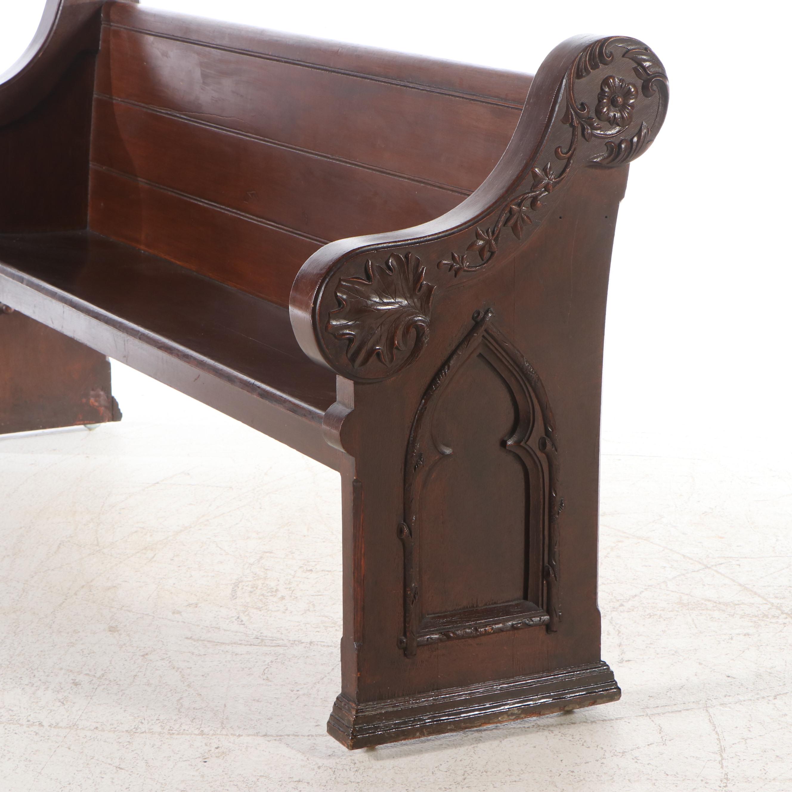 Gothic Style Carved Oak Church Pew, Circa 1920