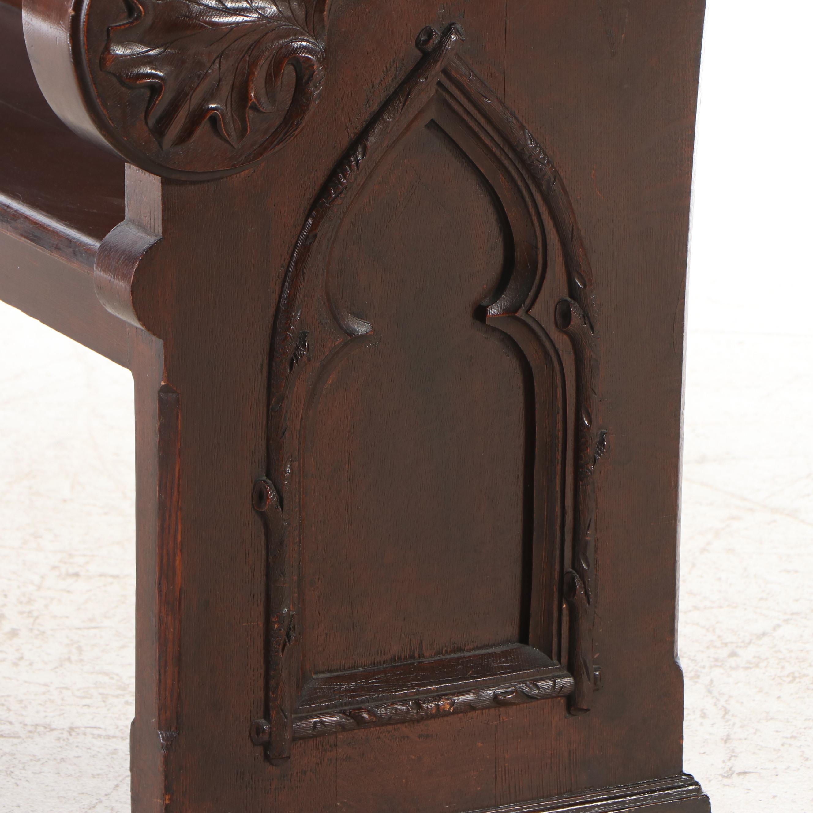 Gothic Style Carved Oak Church Pew, Circa 1920