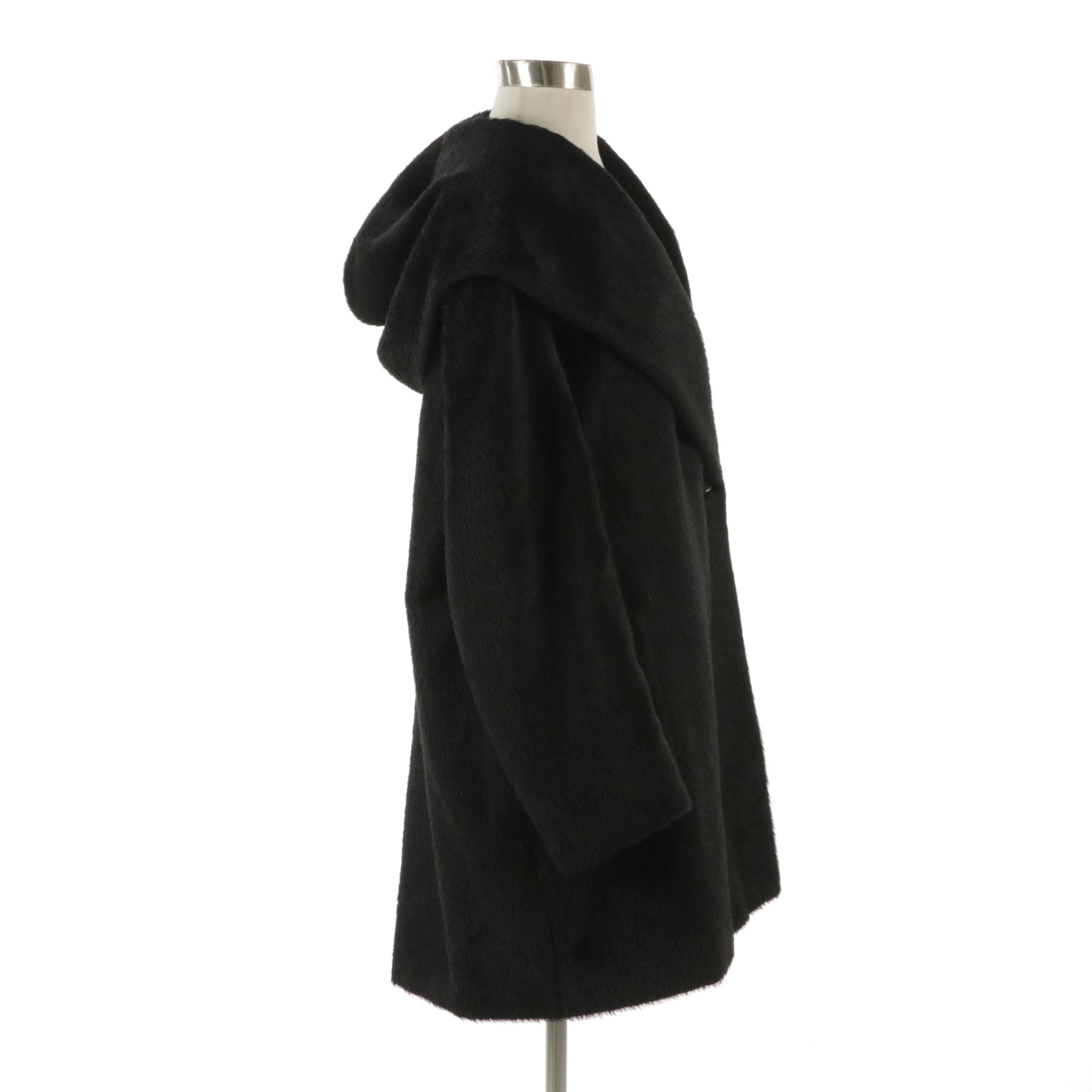 Hilary Radley Black Suri Alpaca and Wool Blend Hooded Coat