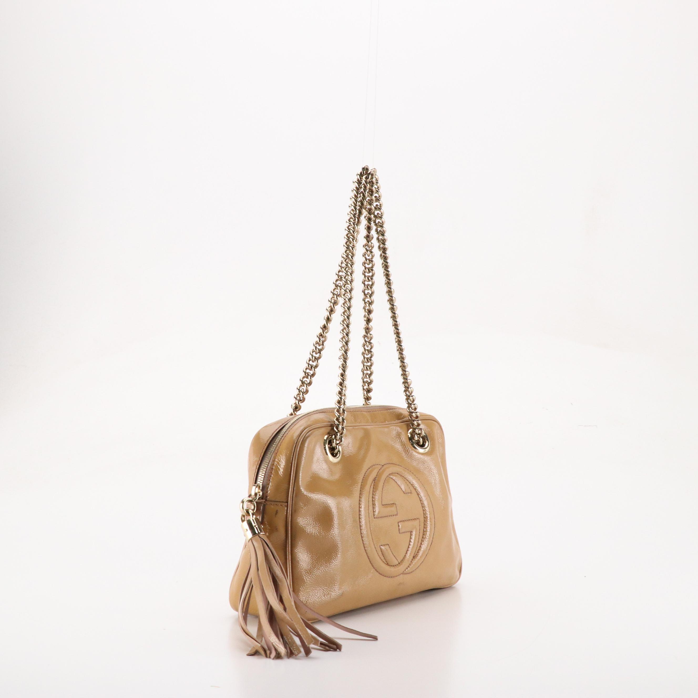 Gucci Soho Tassel-Zip Bowler Bag in Beige Patent Leather