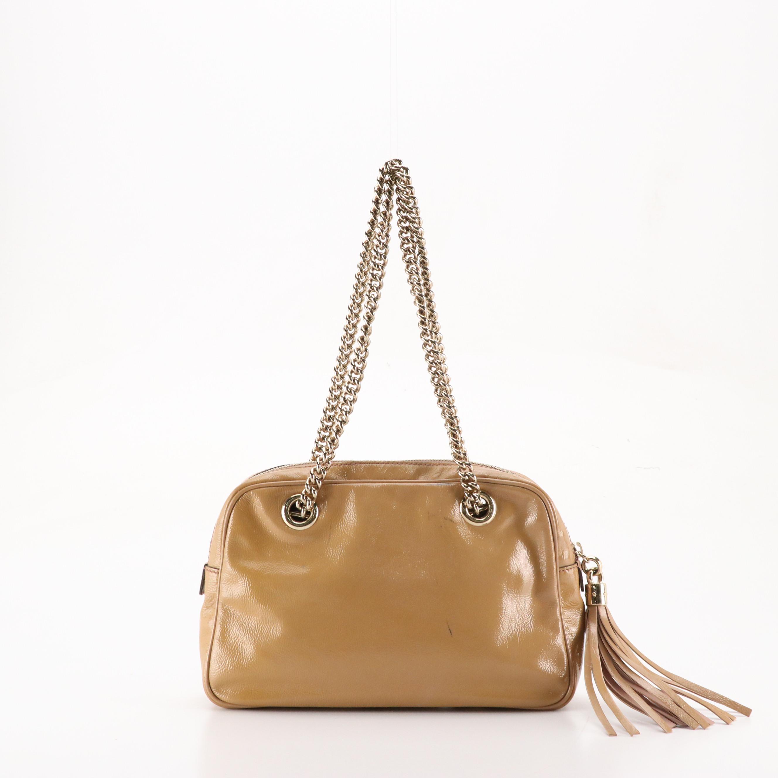 Gucci Soho Tassel-Zip Bowler Bag in Beige Patent Leather