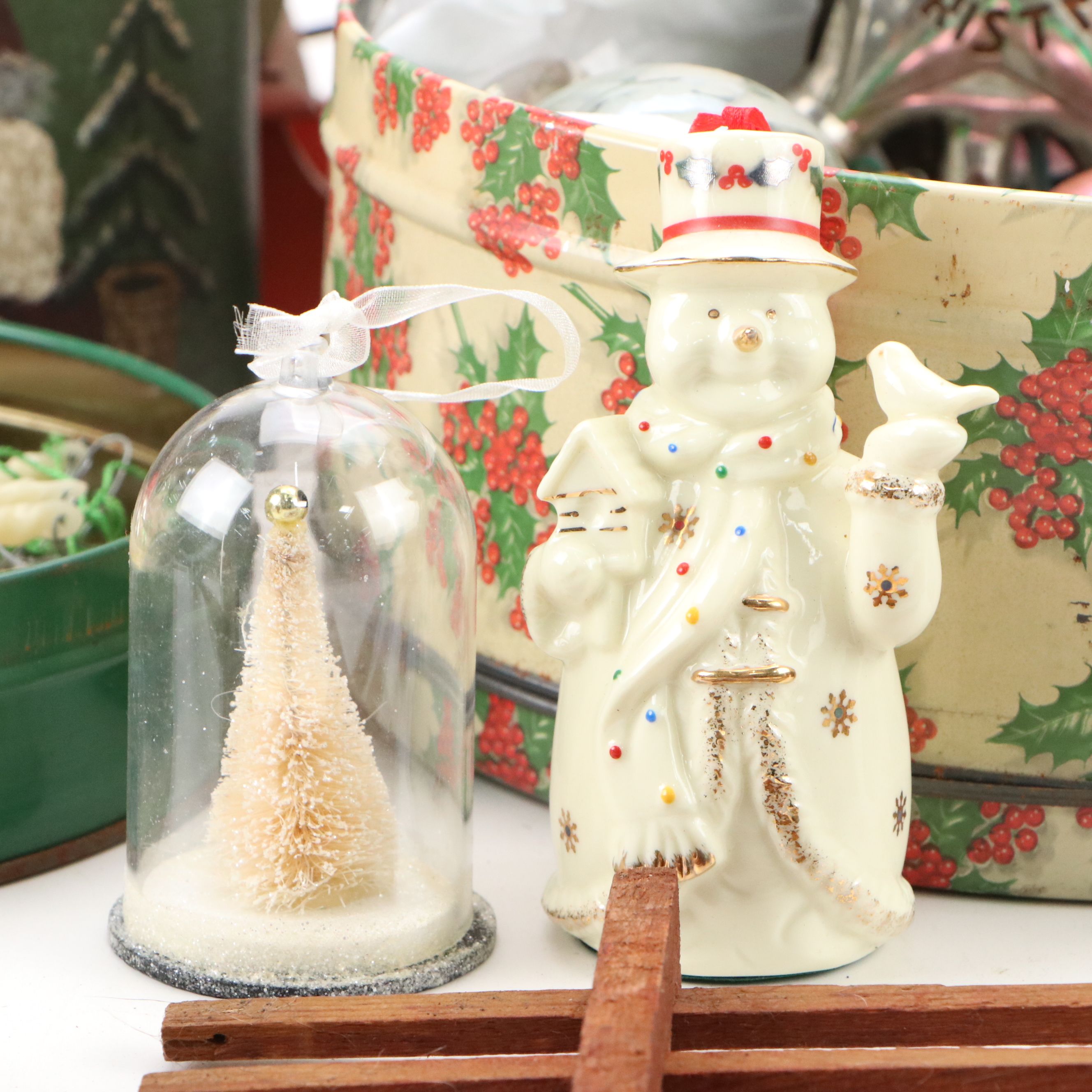 Vintage Mercury Glass Christmas Ornaments with Snowman Basket and Other Décor