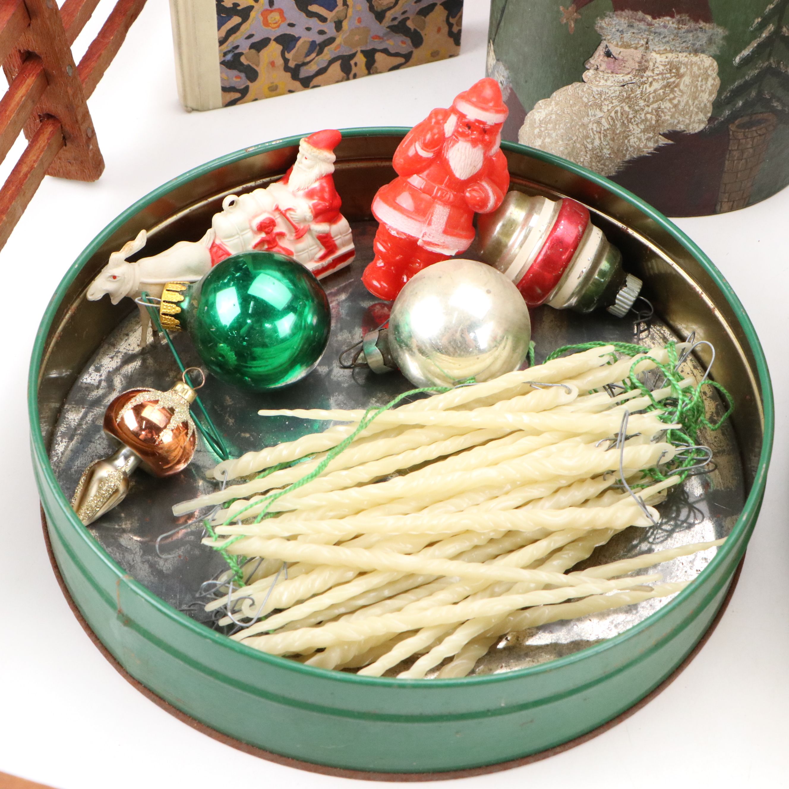 Vintage Mercury Glass Christmas Ornaments with Snowman Basket and Other Décor