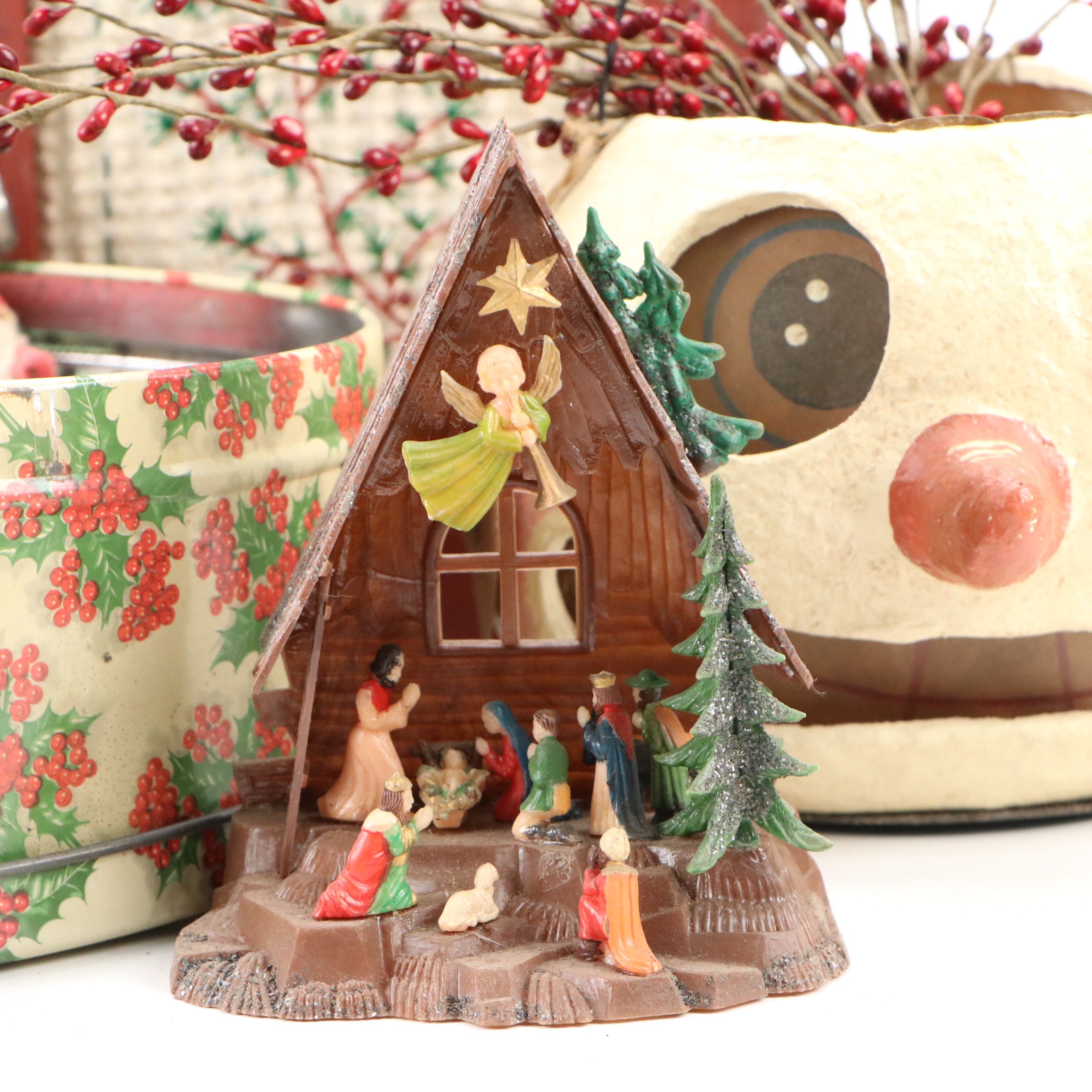 Vintage Mercury Glass Christmas Ornaments with Snowman Basket and Other Décor