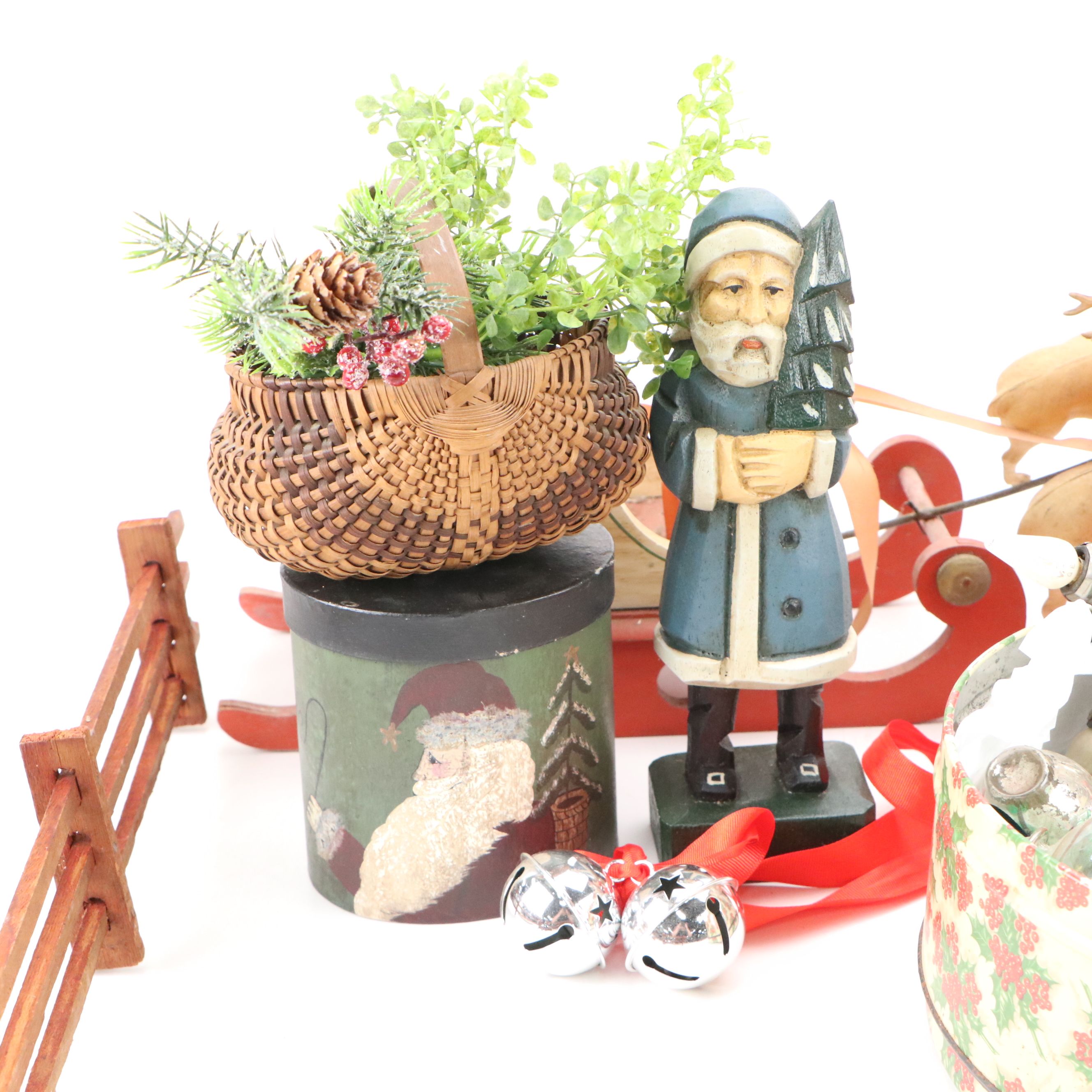 Vintage Mercury Glass Christmas Ornaments with Snowman Basket and Other Décor