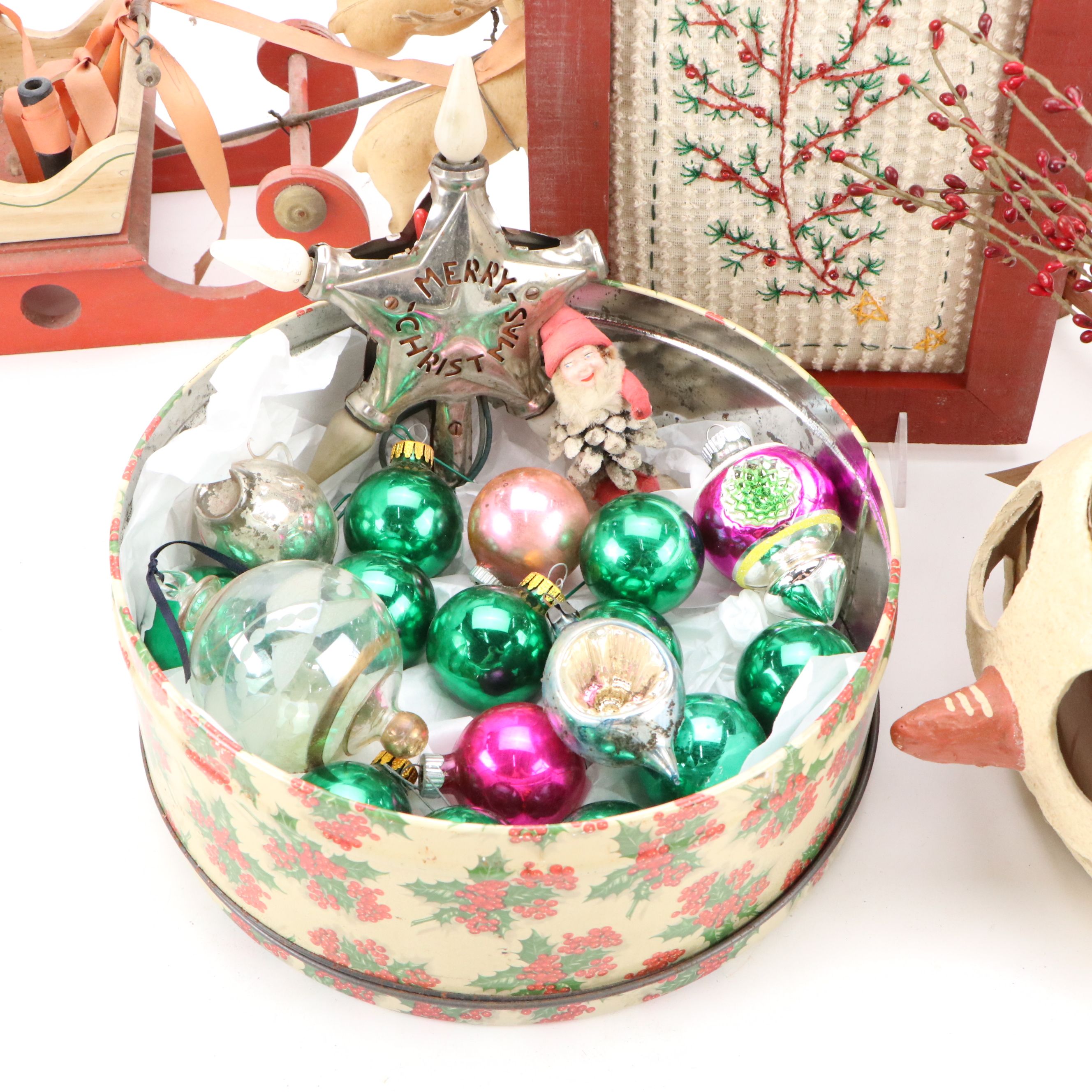 Vintage Mercury Glass Christmas Ornaments with Snowman Basket and Other Décor