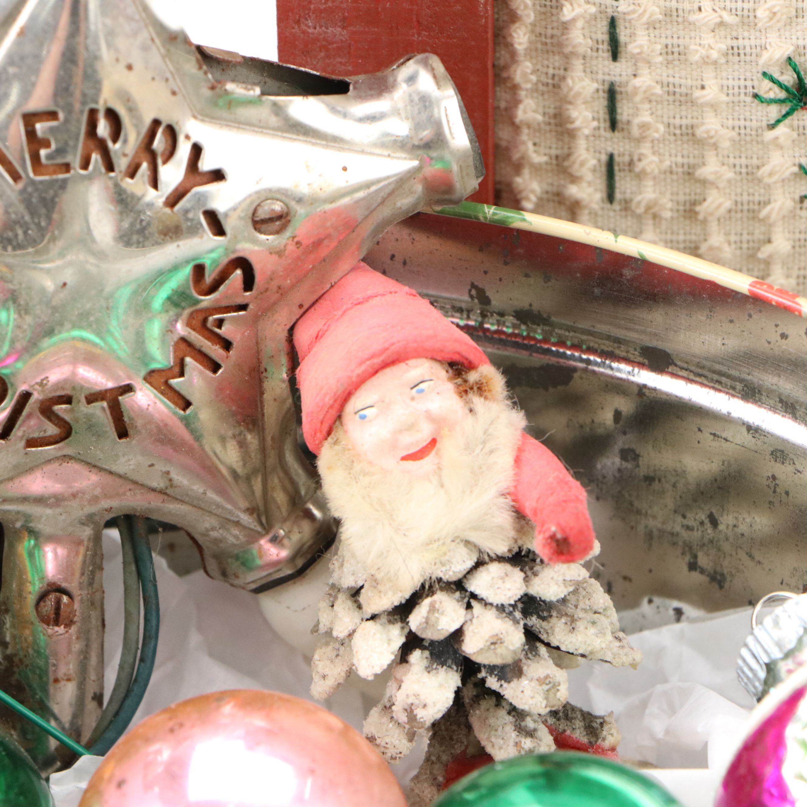 Vintage Mercury Glass Christmas Ornaments with Snowman Basket and Other Décor