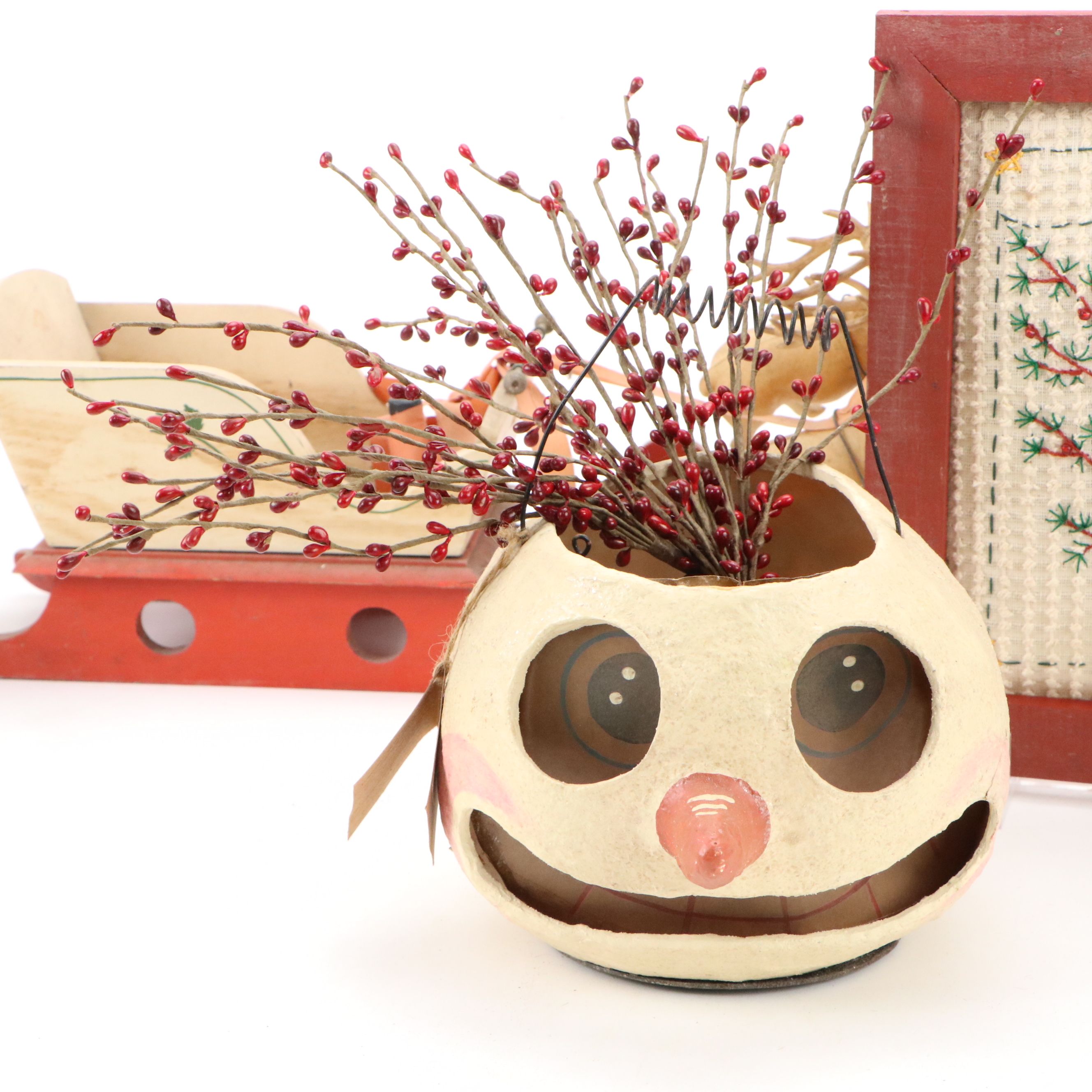 Vintage Mercury Glass Christmas Ornaments with Snowman Basket and Other Décor