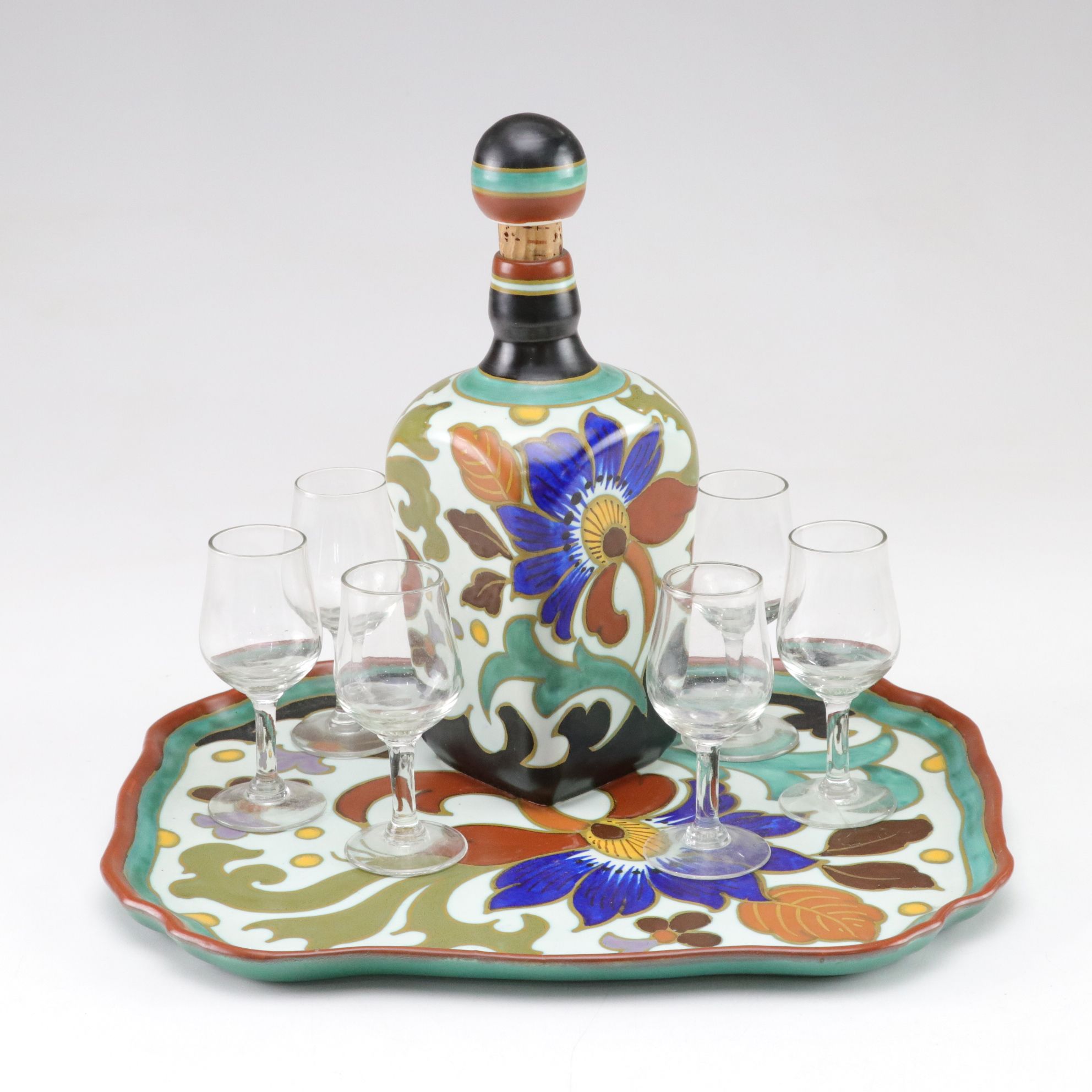 Hand-Crafted Gouda Pottery Decanter & Tray with Glasses
