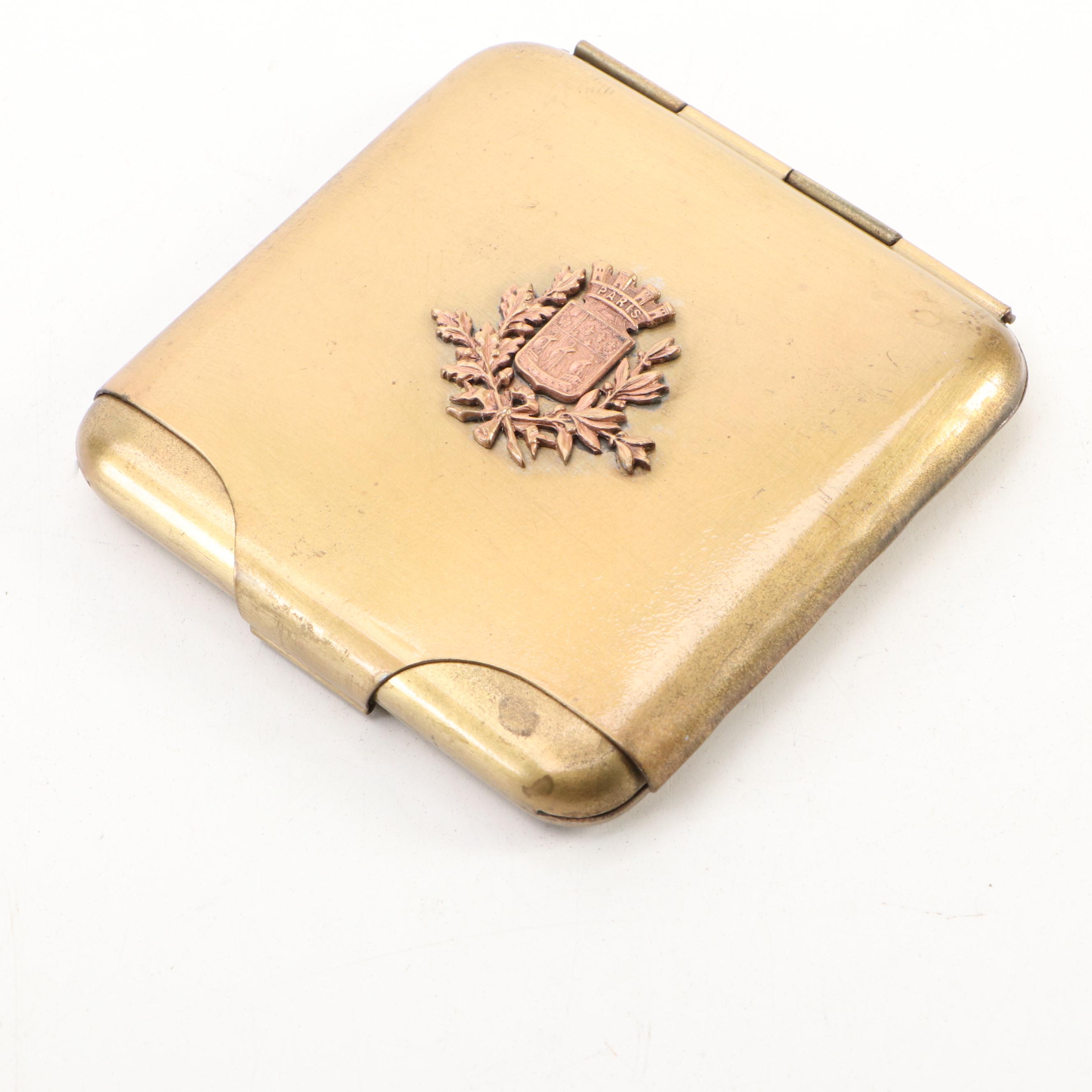 Antique Brass Cigarette Case with Wooden Mount