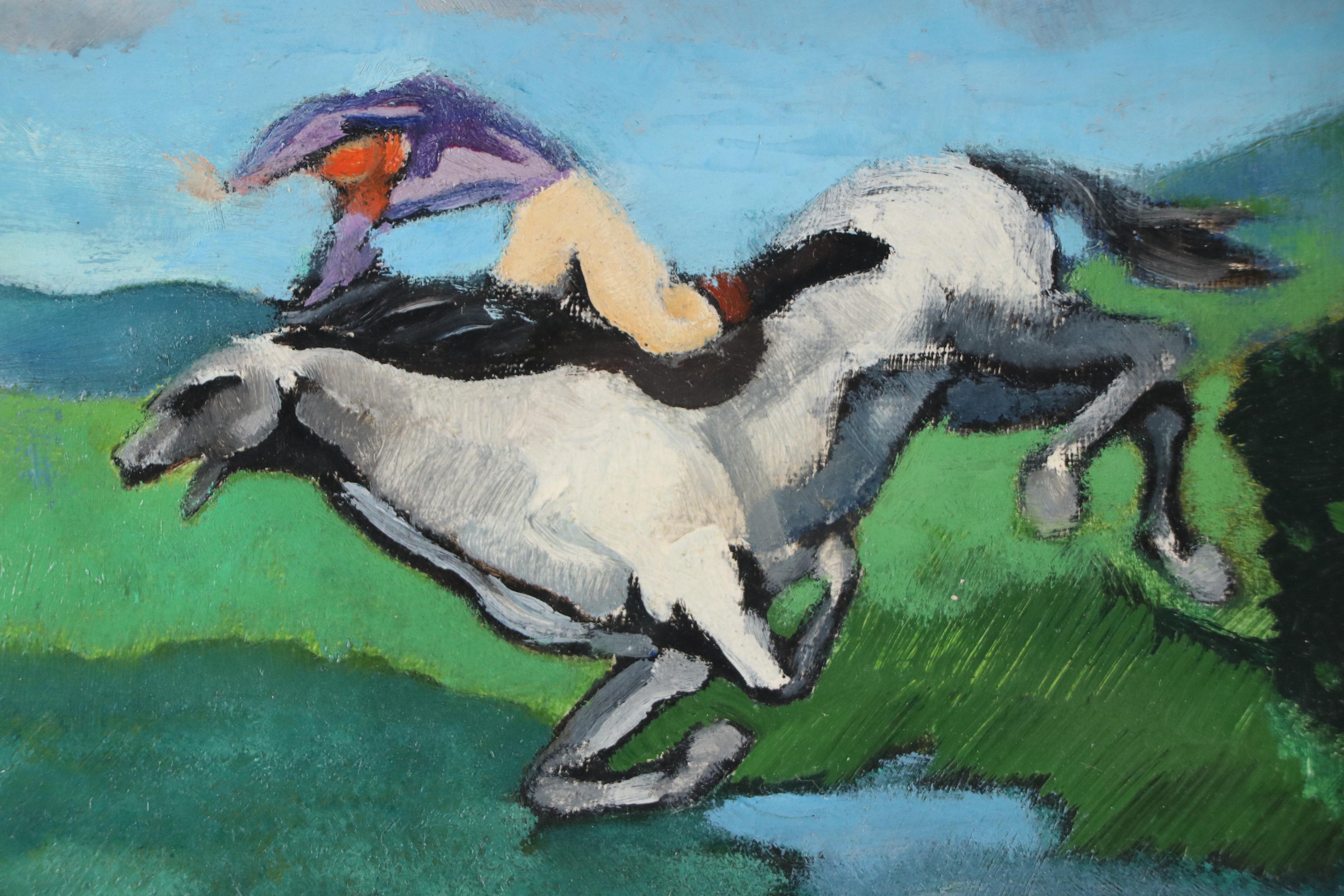 Emmanuel Lamotte Equestrian Oil Painting "Chute de Cheval," 20th Century