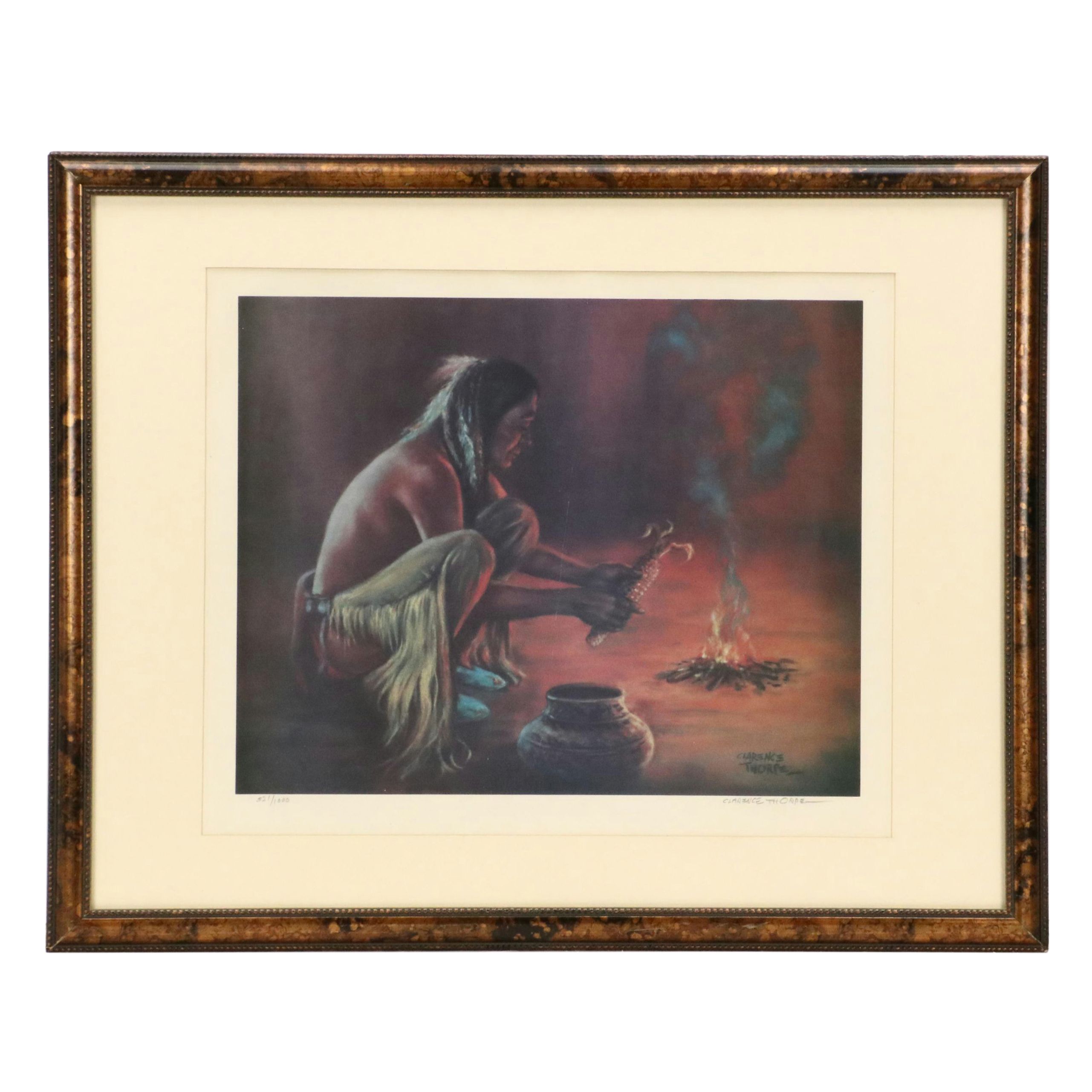 Clarence Thorpe Offset Lithograph of Indigenous Person Holding Corn, Circa 1970