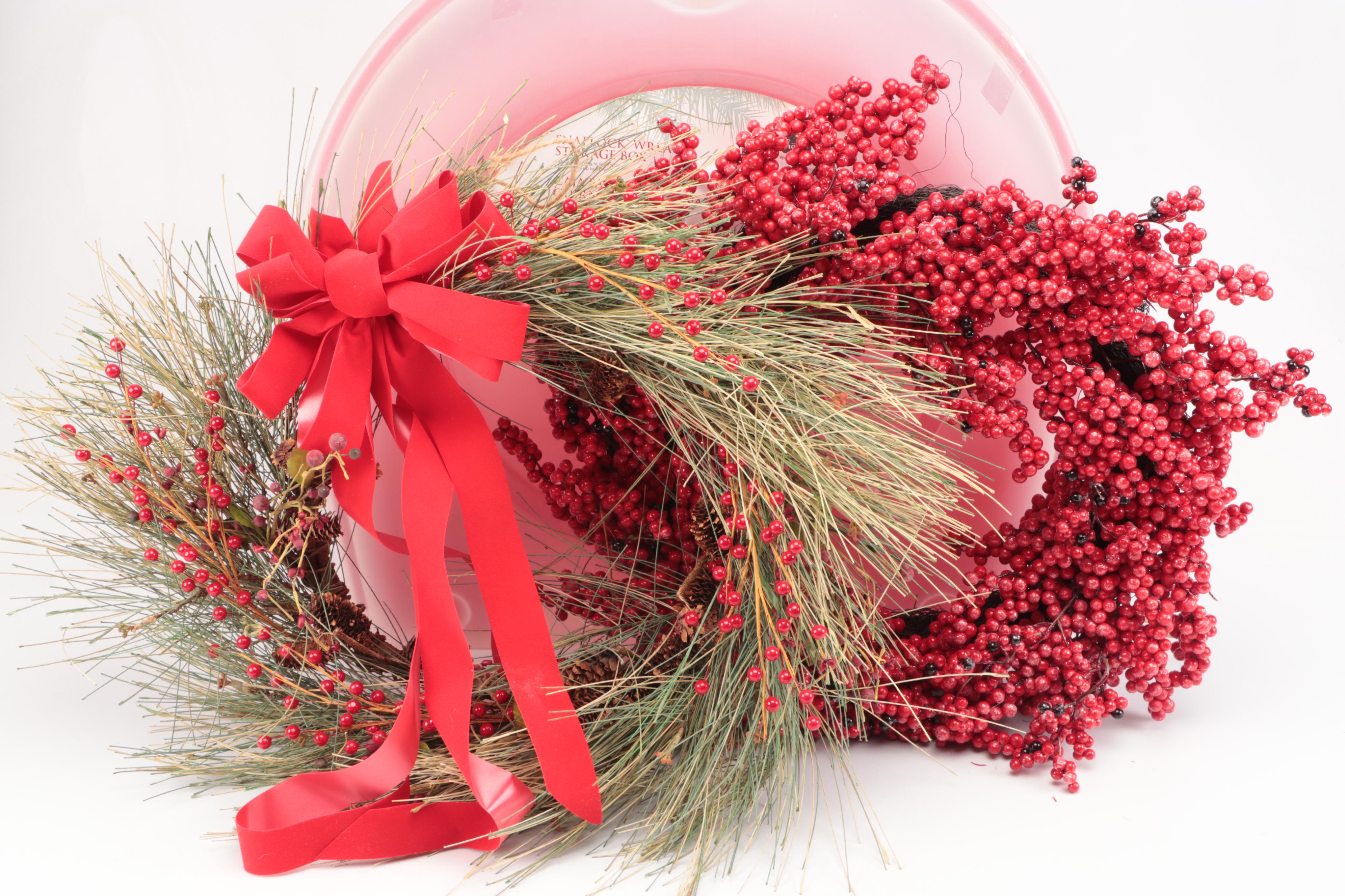 Faux Pine and Berry Wreaths, Needlepoint Textiles, and More Christmas Décor