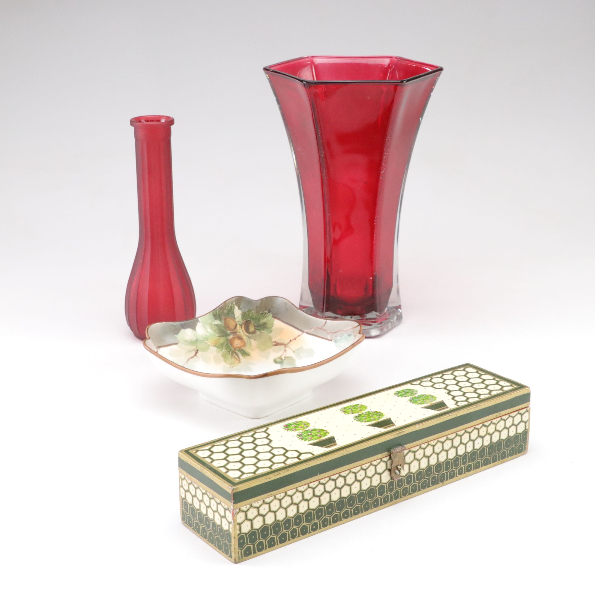 Hand-Painted Wooden Pen Box, Hoosier Glass Red Vase, Nippon Bowl & More
