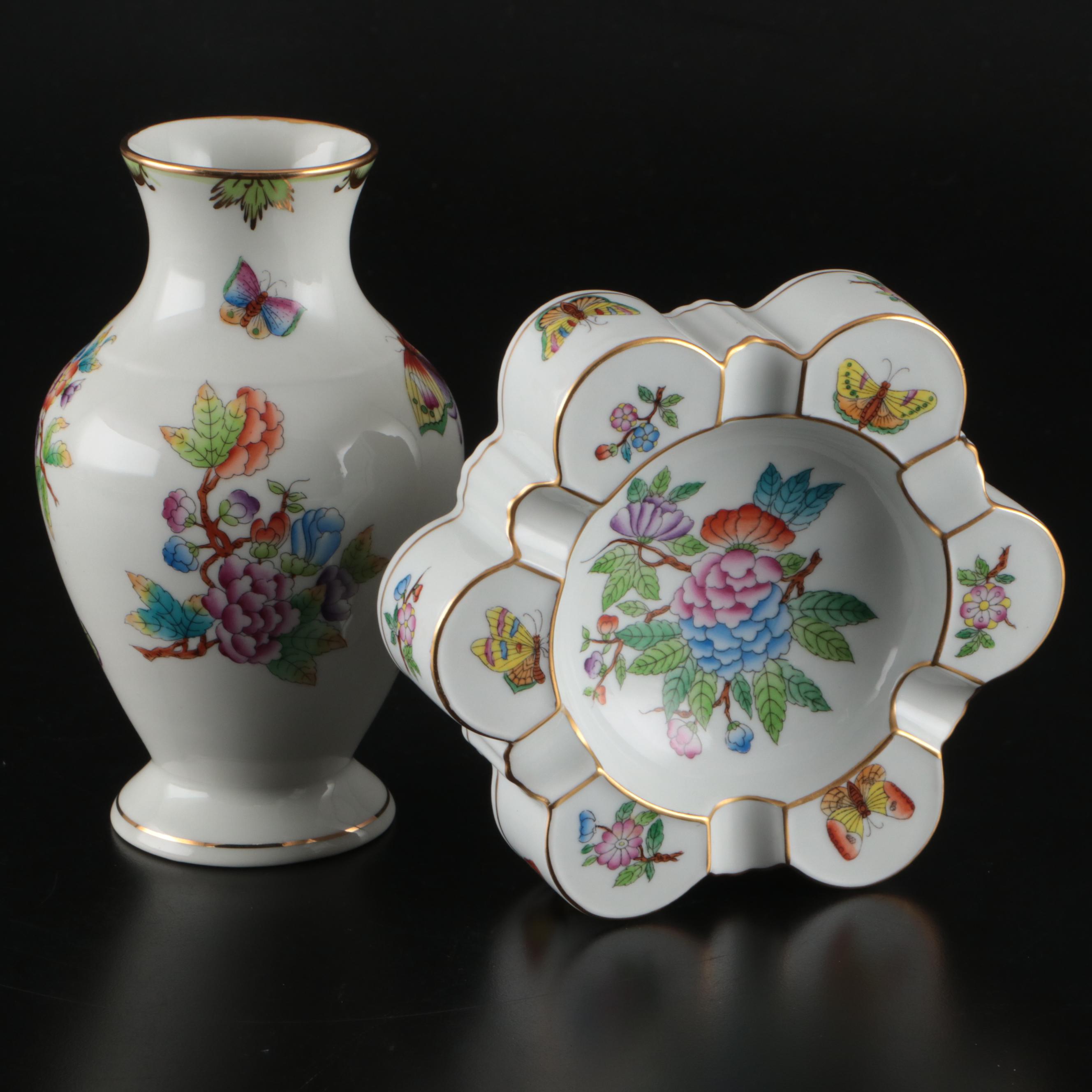 Herend "Queen Victoria" Hand-Painted Porcelain Ashtray and Bud Vase