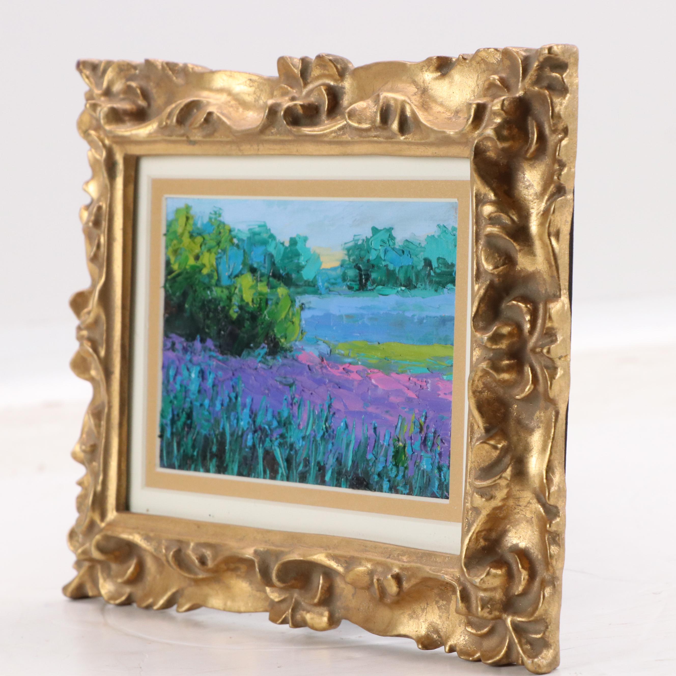 Julia Herrero-Utiasheva Miniature Impasto Oil Painting "Lavender Landscape"