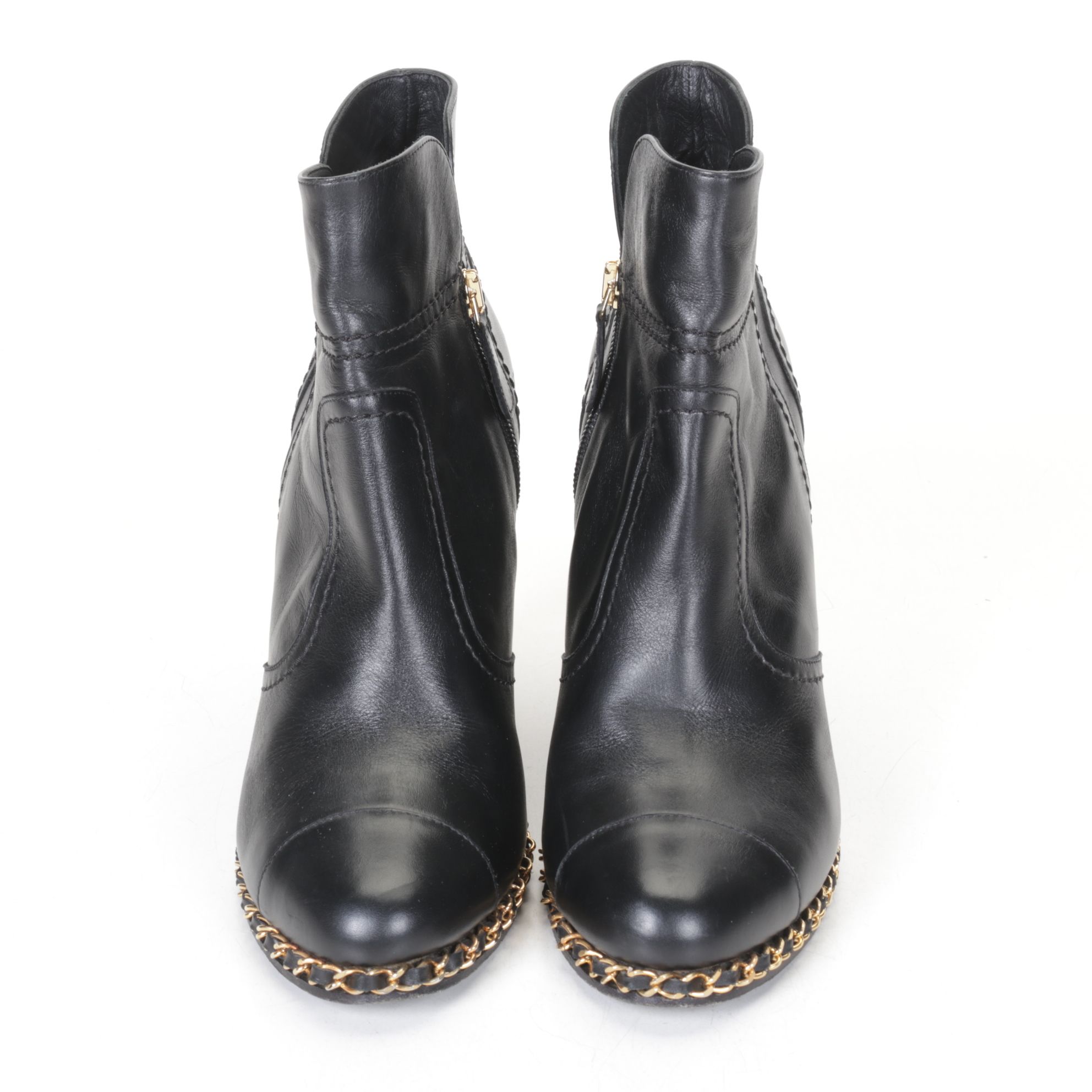 Chanel Black Lambskin Leather and Gold Chain Wedge Booties