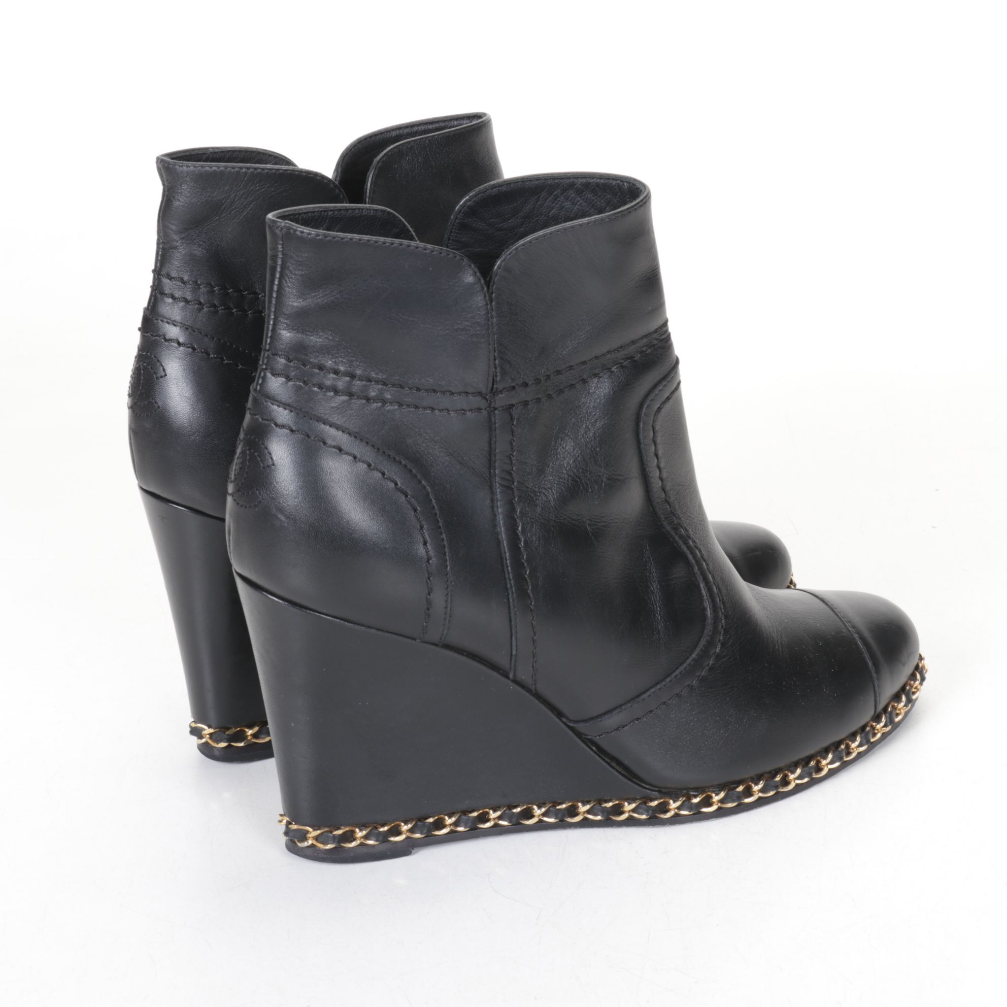 Chanel Black Lambskin Leather and Gold Chain Wedge Booties