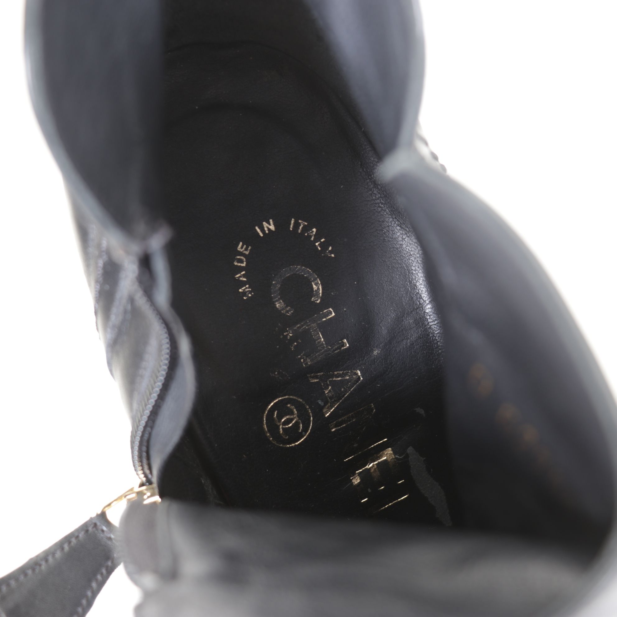 Chanel Black Lambskin Leather and Gold Chain Wedge Booties