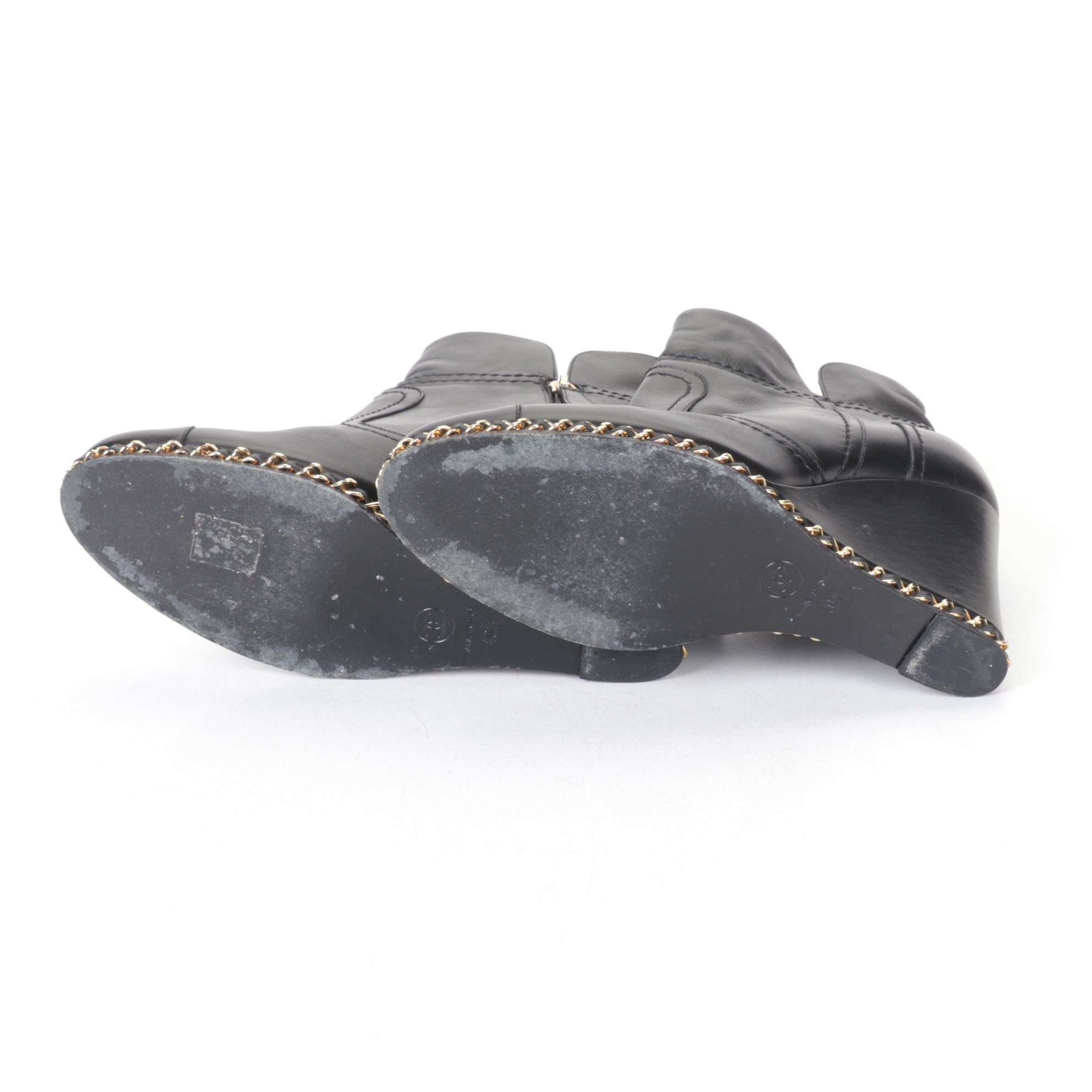 Chanel Black Lambskin Leather and Gold Chain Wedge Booties