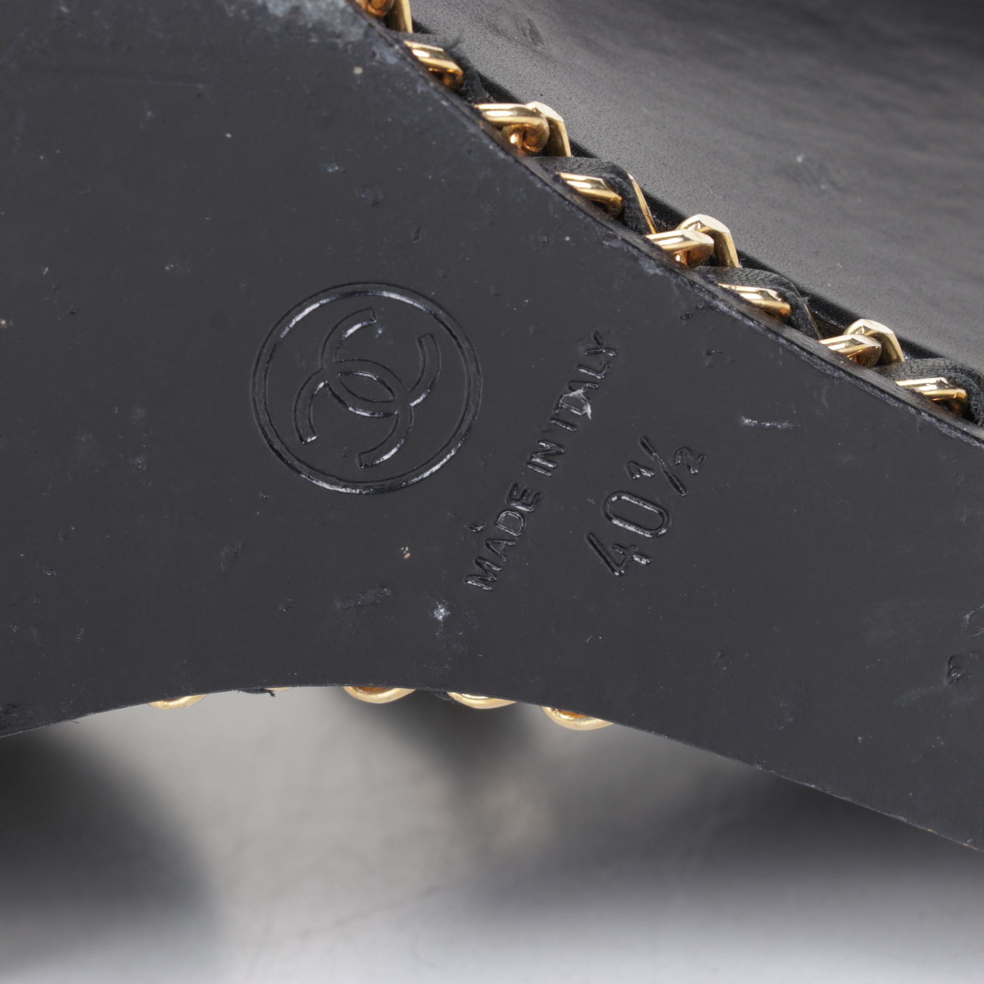 Chanel Black Lambskin Leather and Gold Chain Wedge Booties