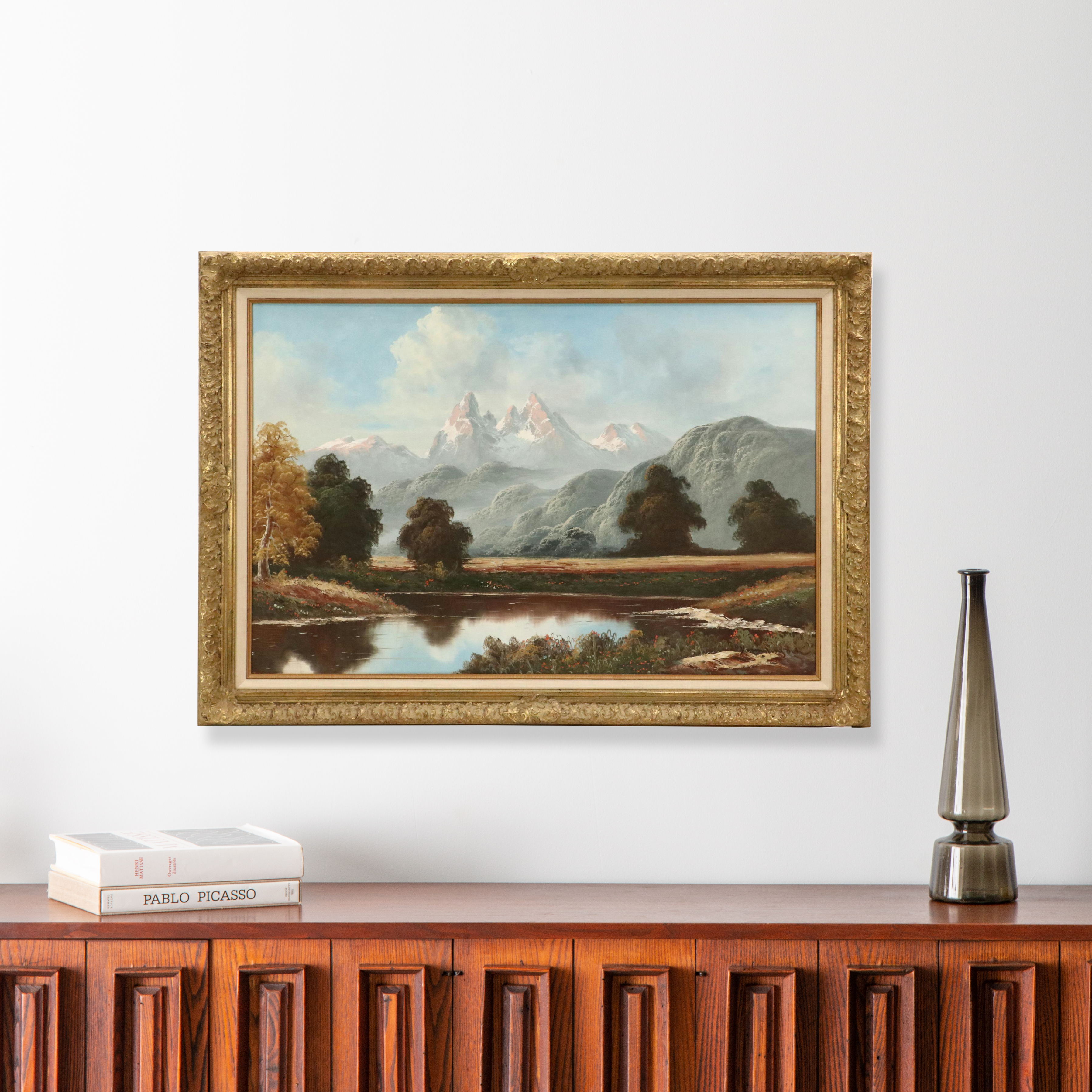 Oil Painting of Mountainous Lake Landscape, Mid to Late 20th Century