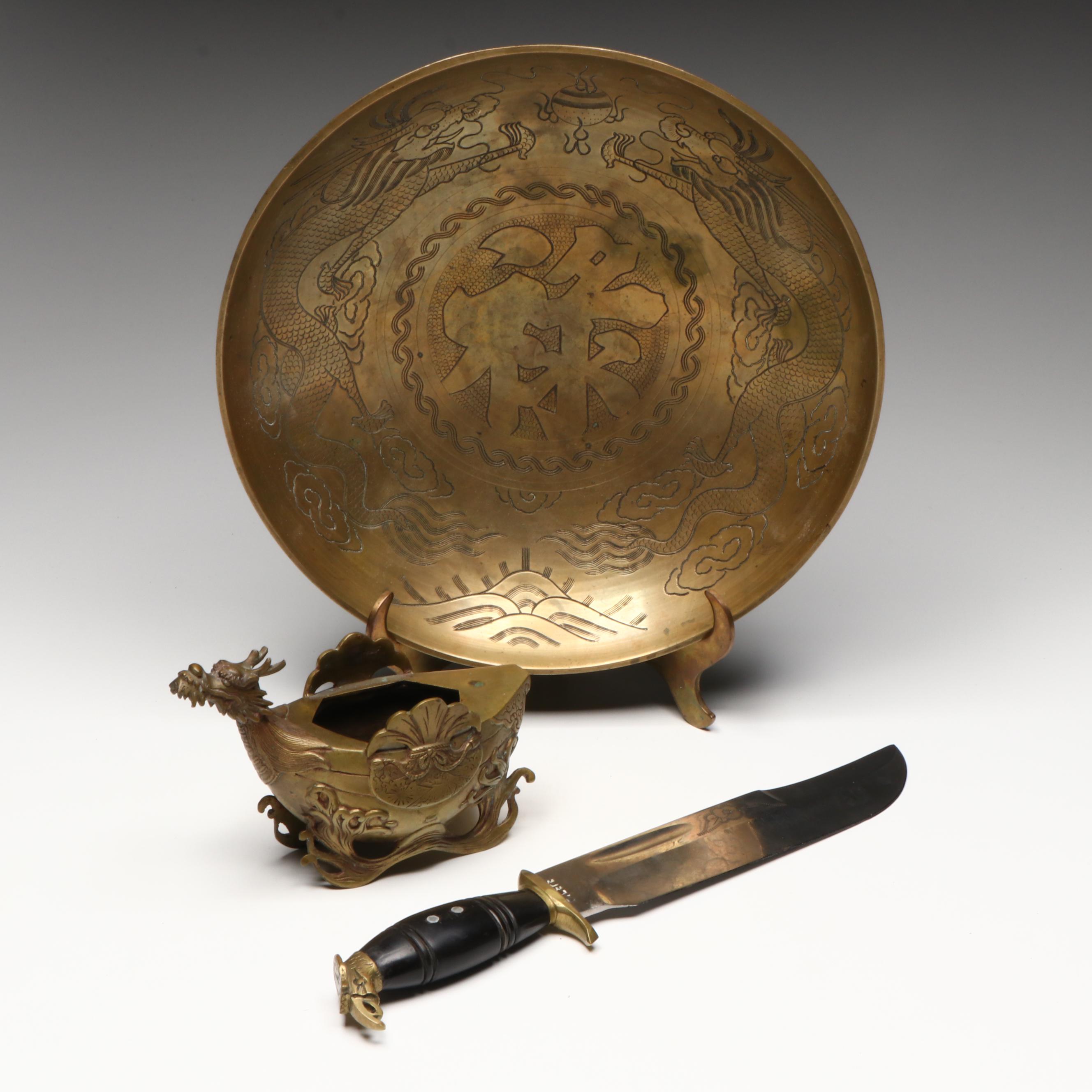 Chinese Etched Brass Bowl and Stand with Etched Knife and Dragon Censer