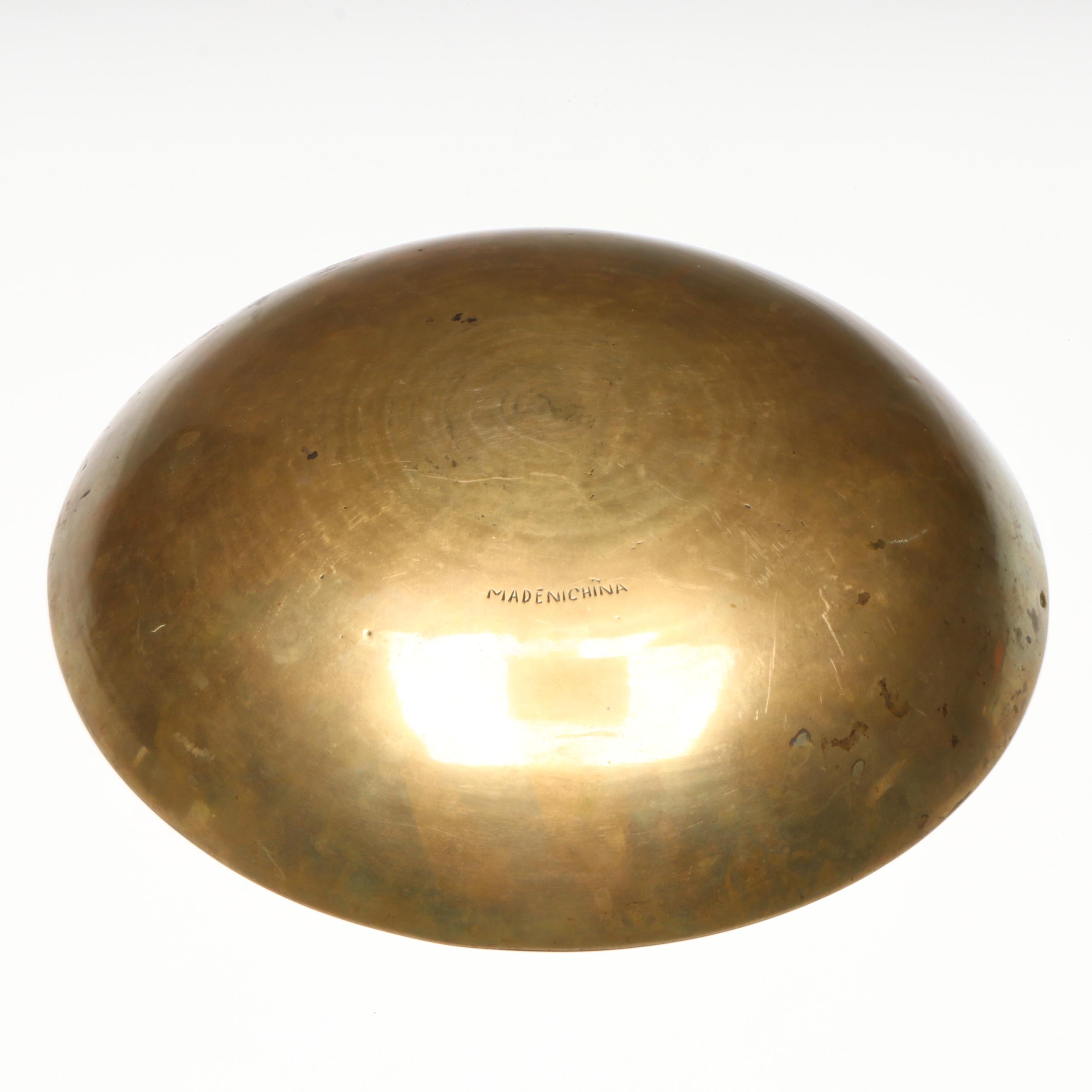 Chinese Etched Brass Bowl and Stand with Etched Knife and Dragon Censer