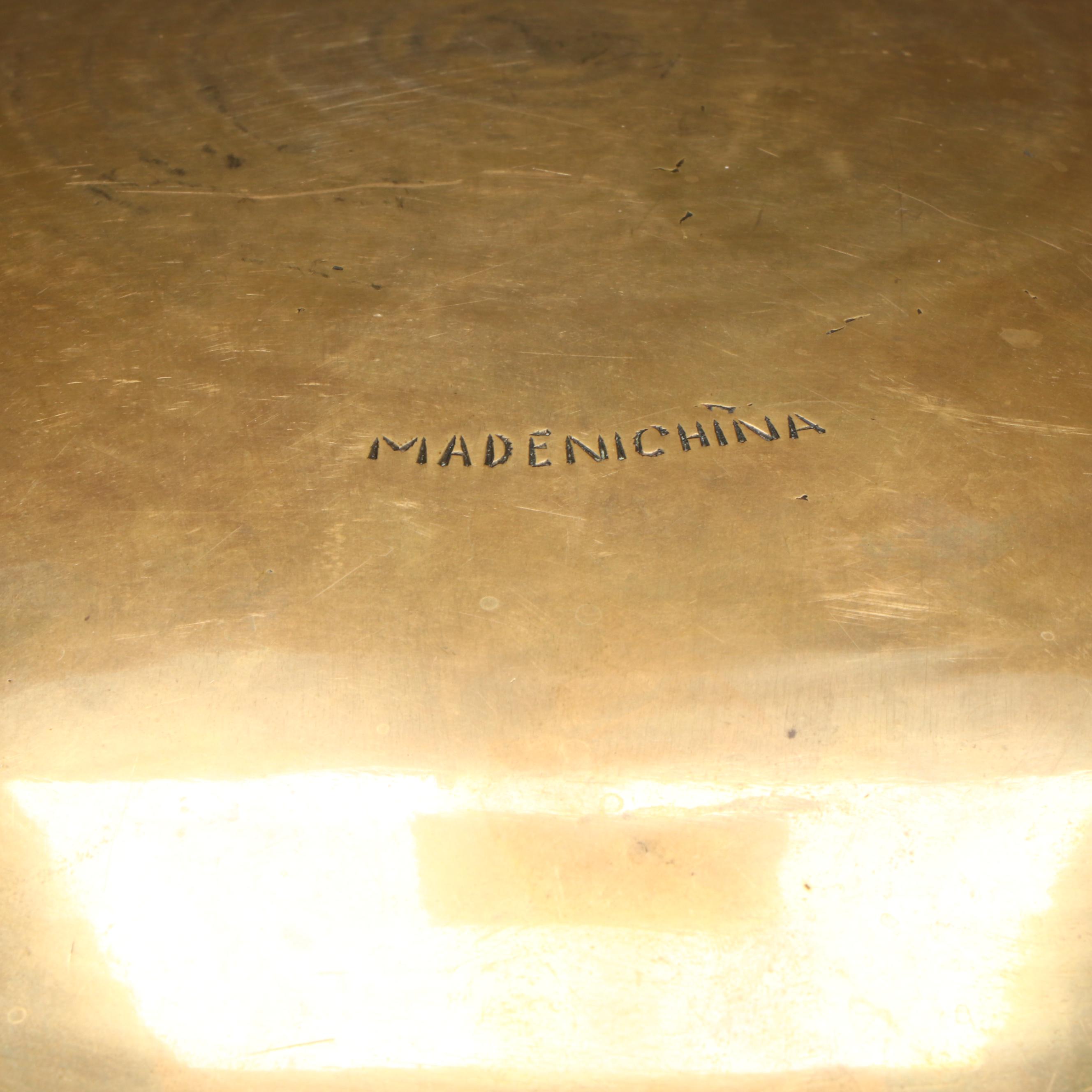 Chinese Etched Brass Bowl and Stand with Etched Knife and Dragon Censer