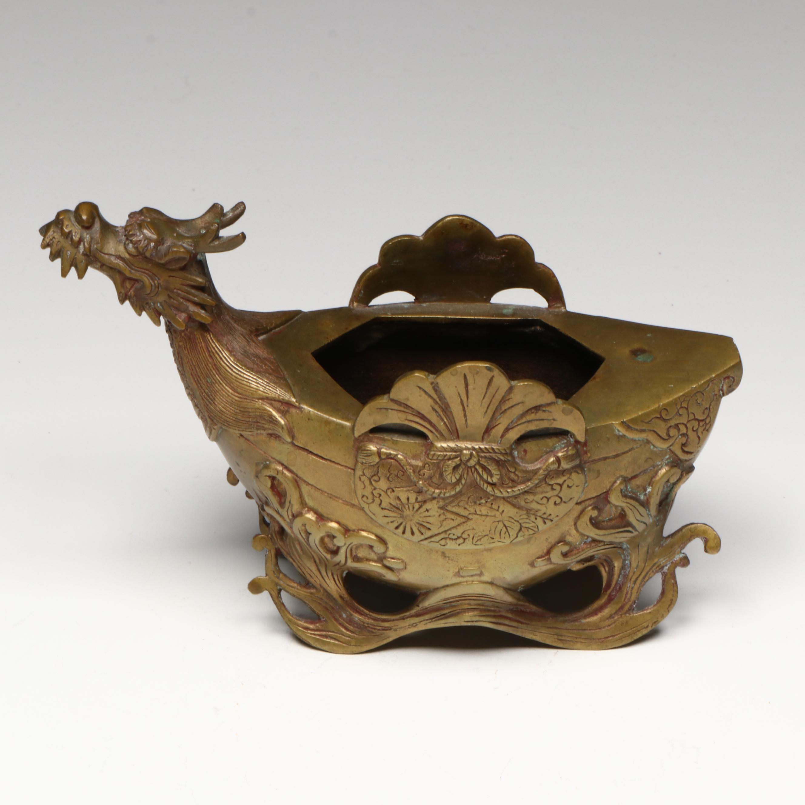 Chinese Etched Brass Bowl and Stand with Etched Knife and Dragon Censer