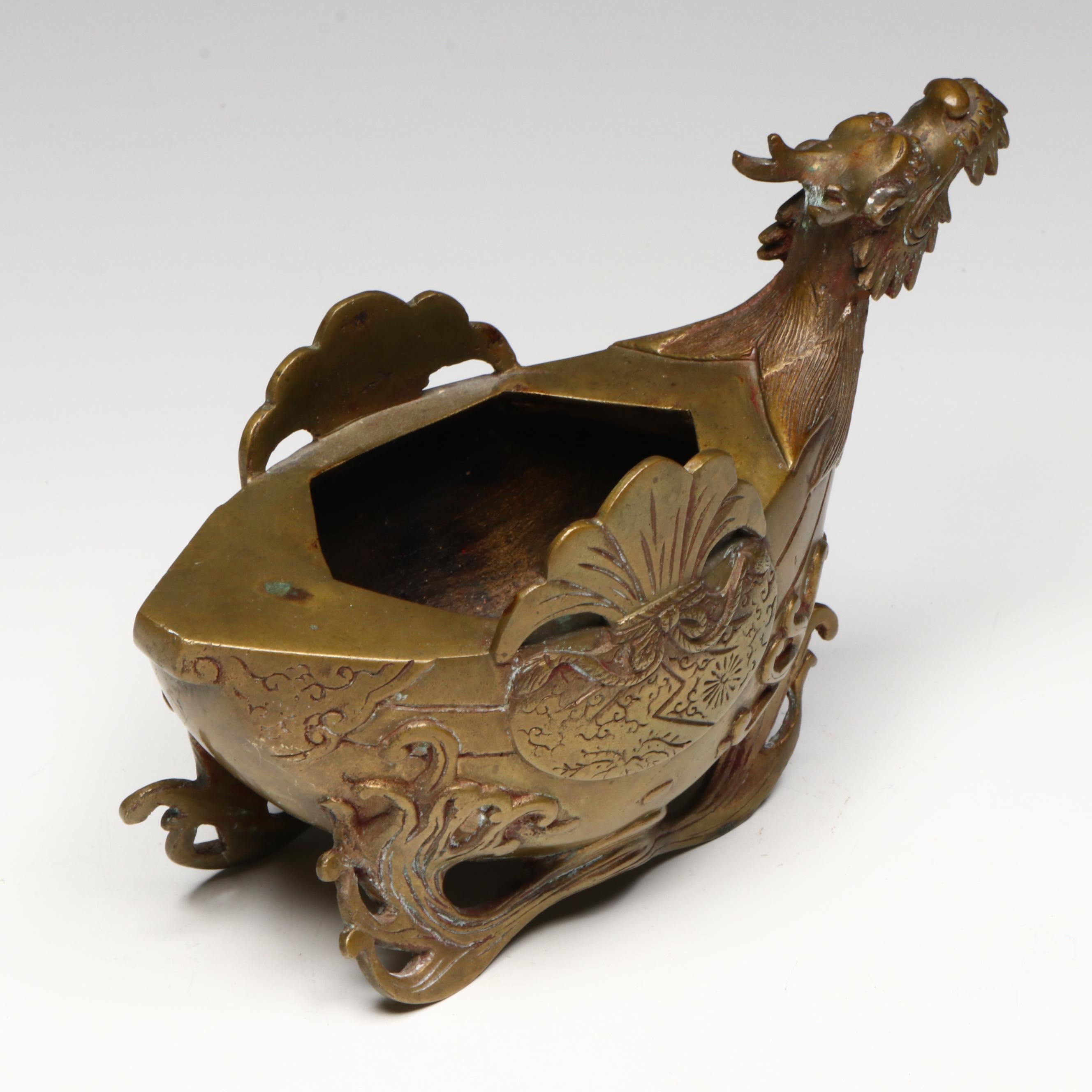 Chinese Etched Brass Bowl and Stand with Etched Knife and Dragon Censer