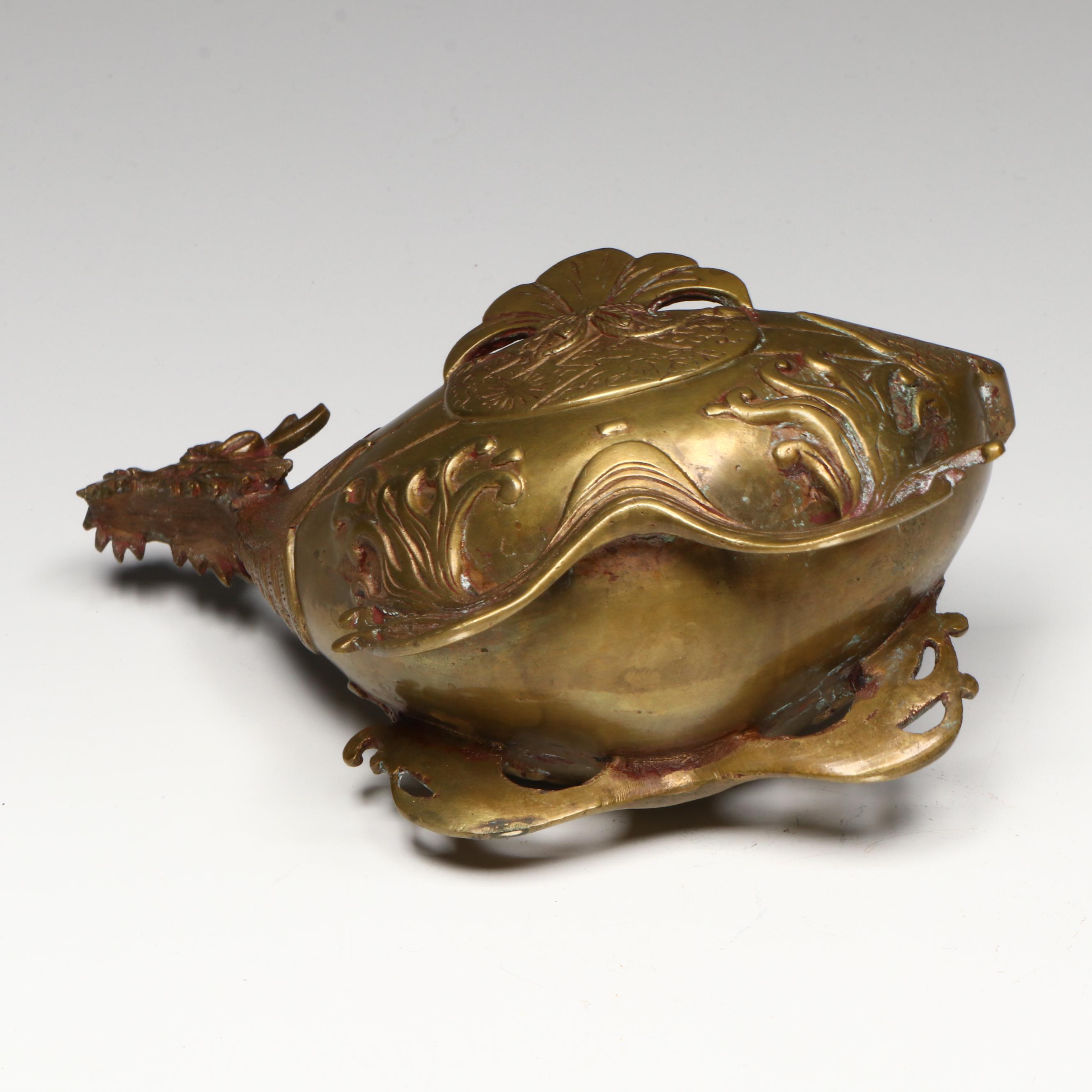 Chinese Etched Brass Bowl and Stand with Etched Knife and Dragon Censer