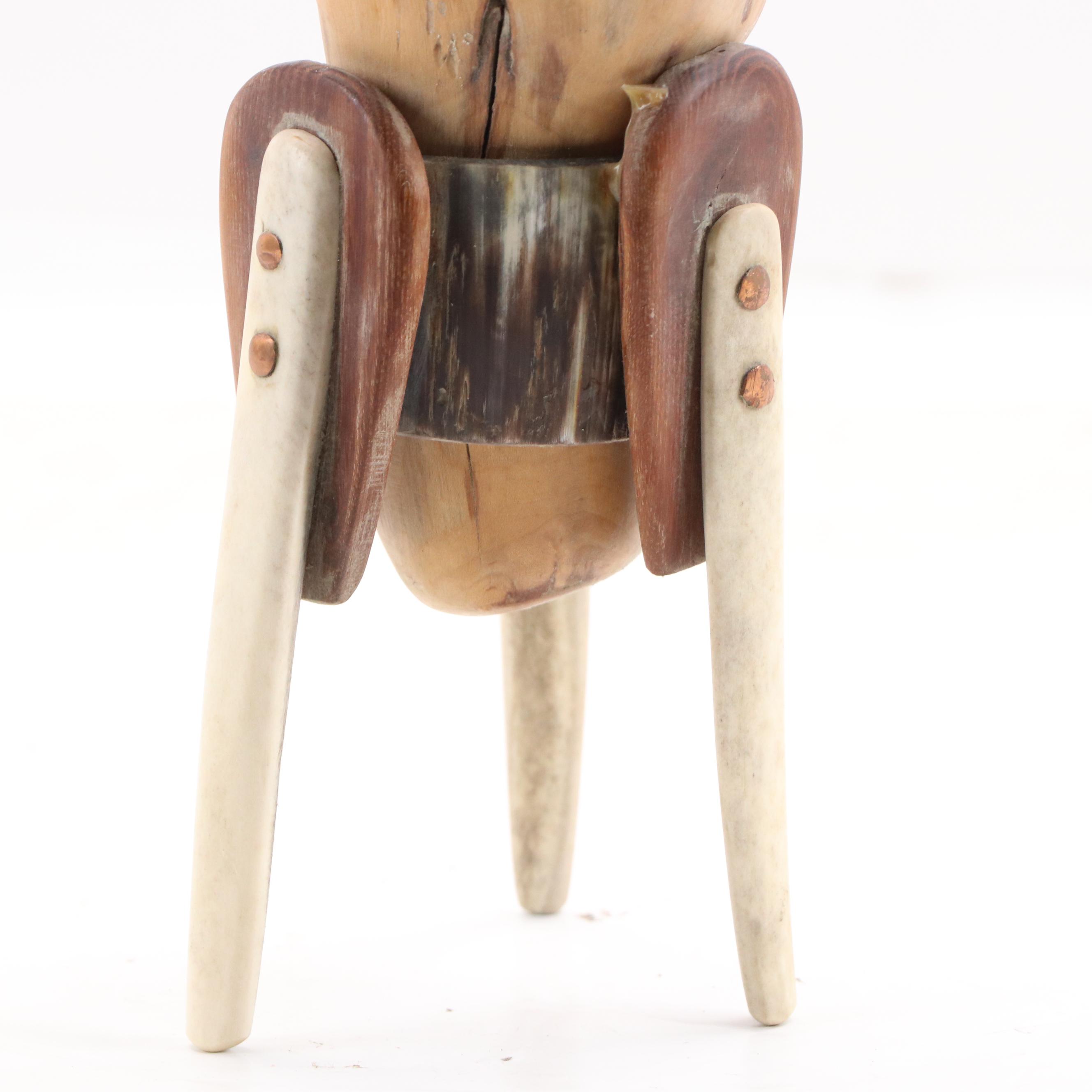 Robert Beaven Folk Art Carved Wooden Vessel with Antler Tripod Stand