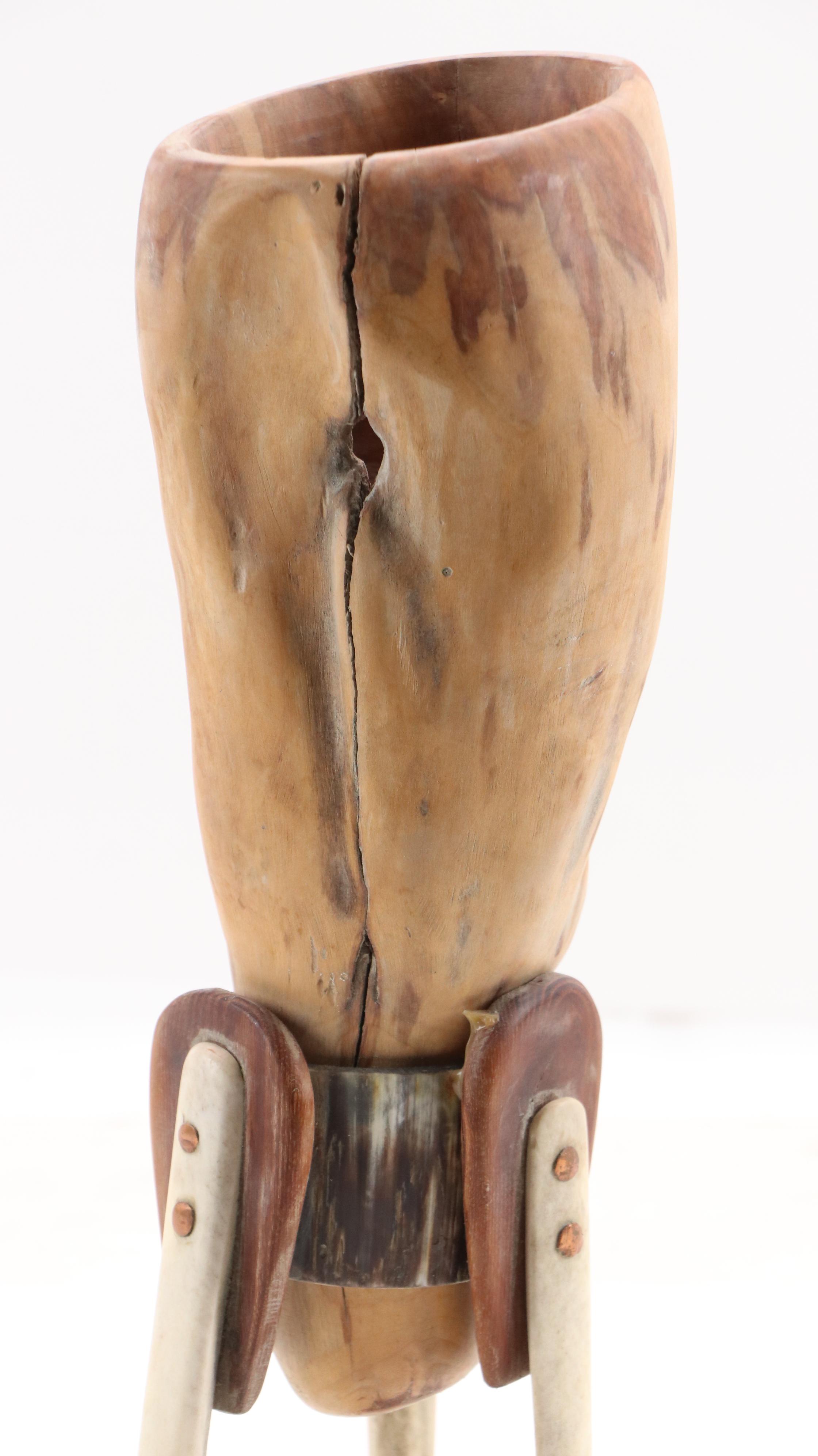 Robert Beaven Folk Art Carved Wooden Vessel with Antler Tripod Stand