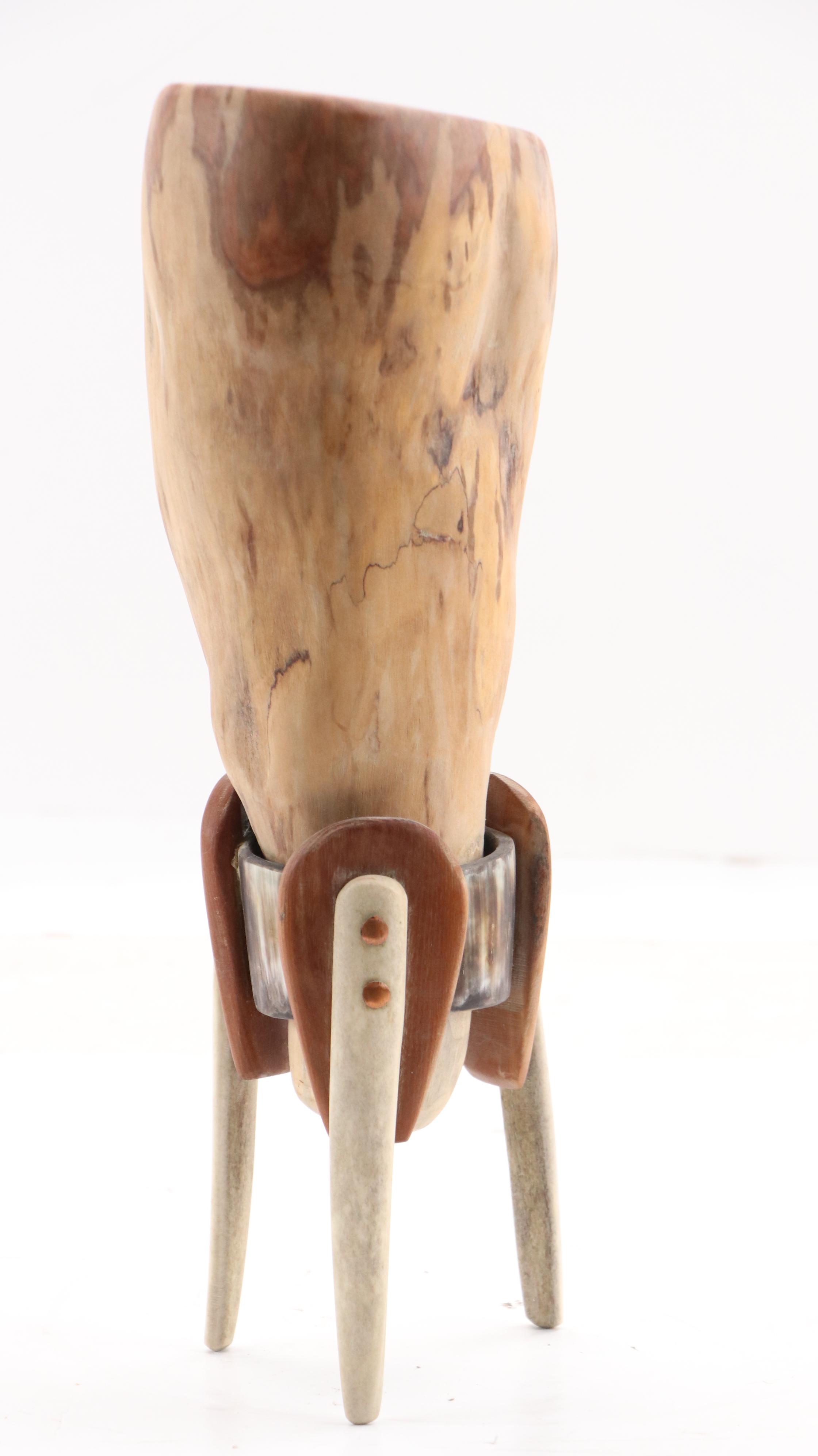 Robert Beaven Folk Art Carved Wooden Vessel with Antler Tripod Stand