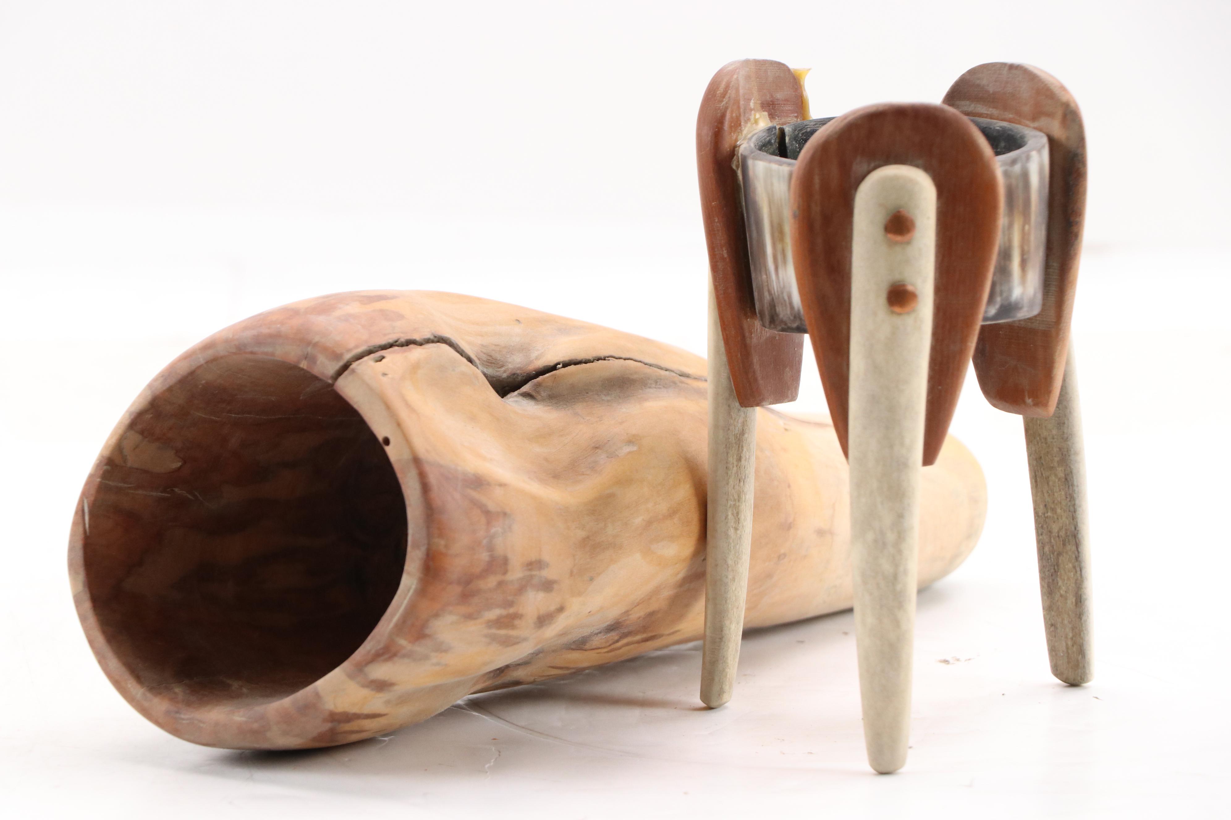 Robert Beaven Folk Art Carved Wooden Vessel with Antler Tripod Stand