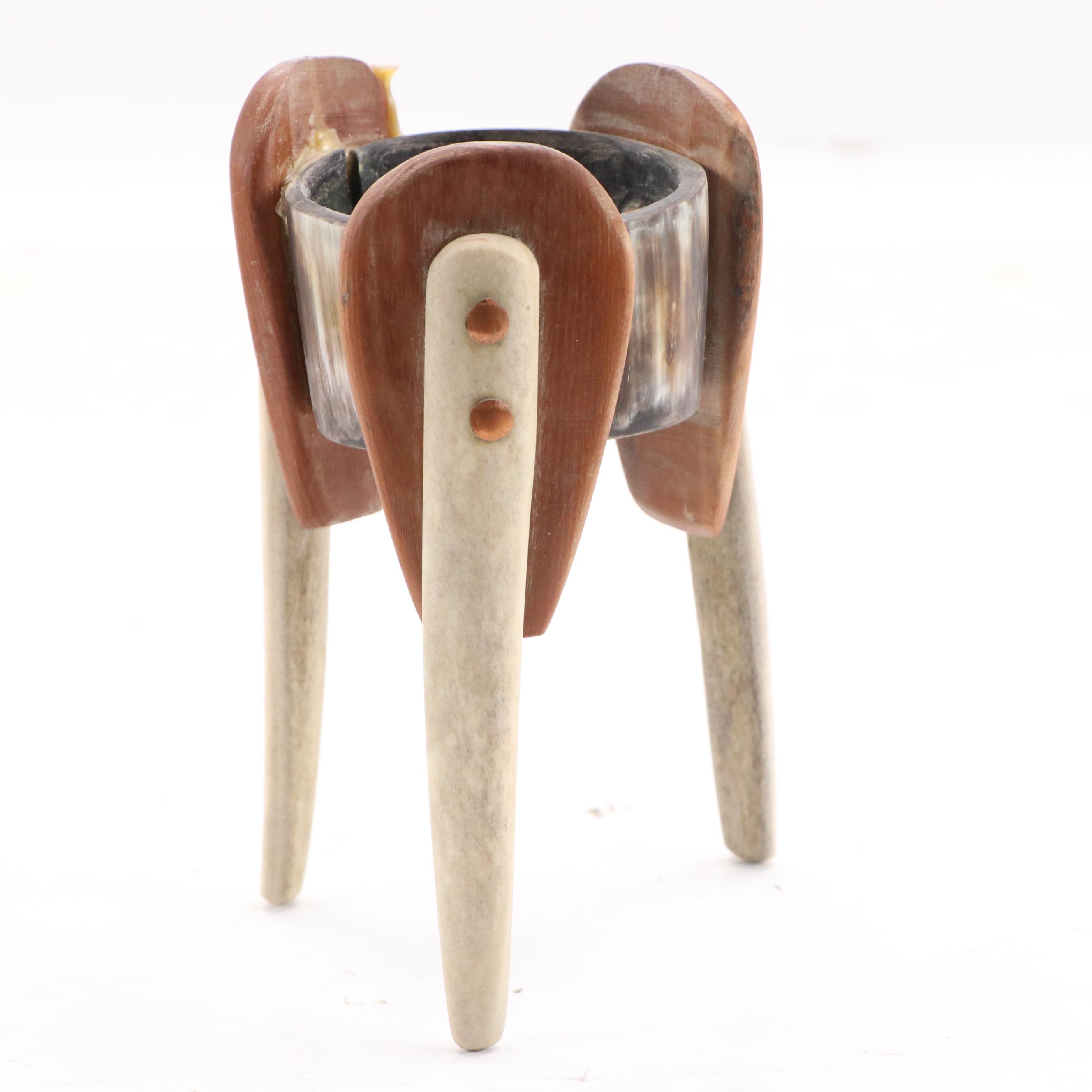 Robert Beaven Folk Art Carved Wooden Vessel with Antler Tripod Stand