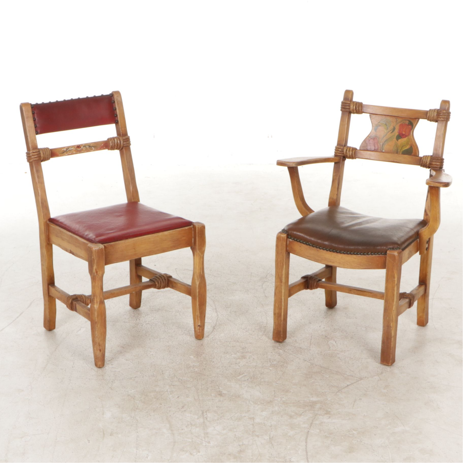 Coronado Southwestern Style Paint Decorated Chairs with Leather Upholstery